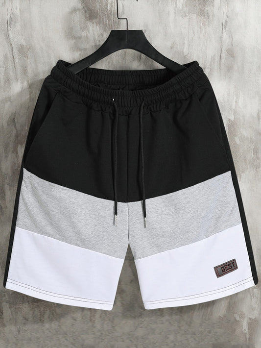 Loose Men's Colorblock Letter Patched Detail Shorts With Drawstring Waist