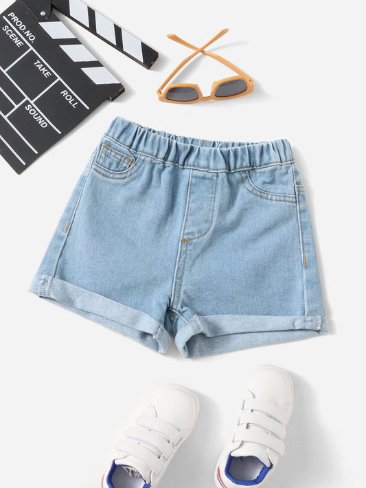 Young Girl Elastic Waist Roll Hem Denim Shorts