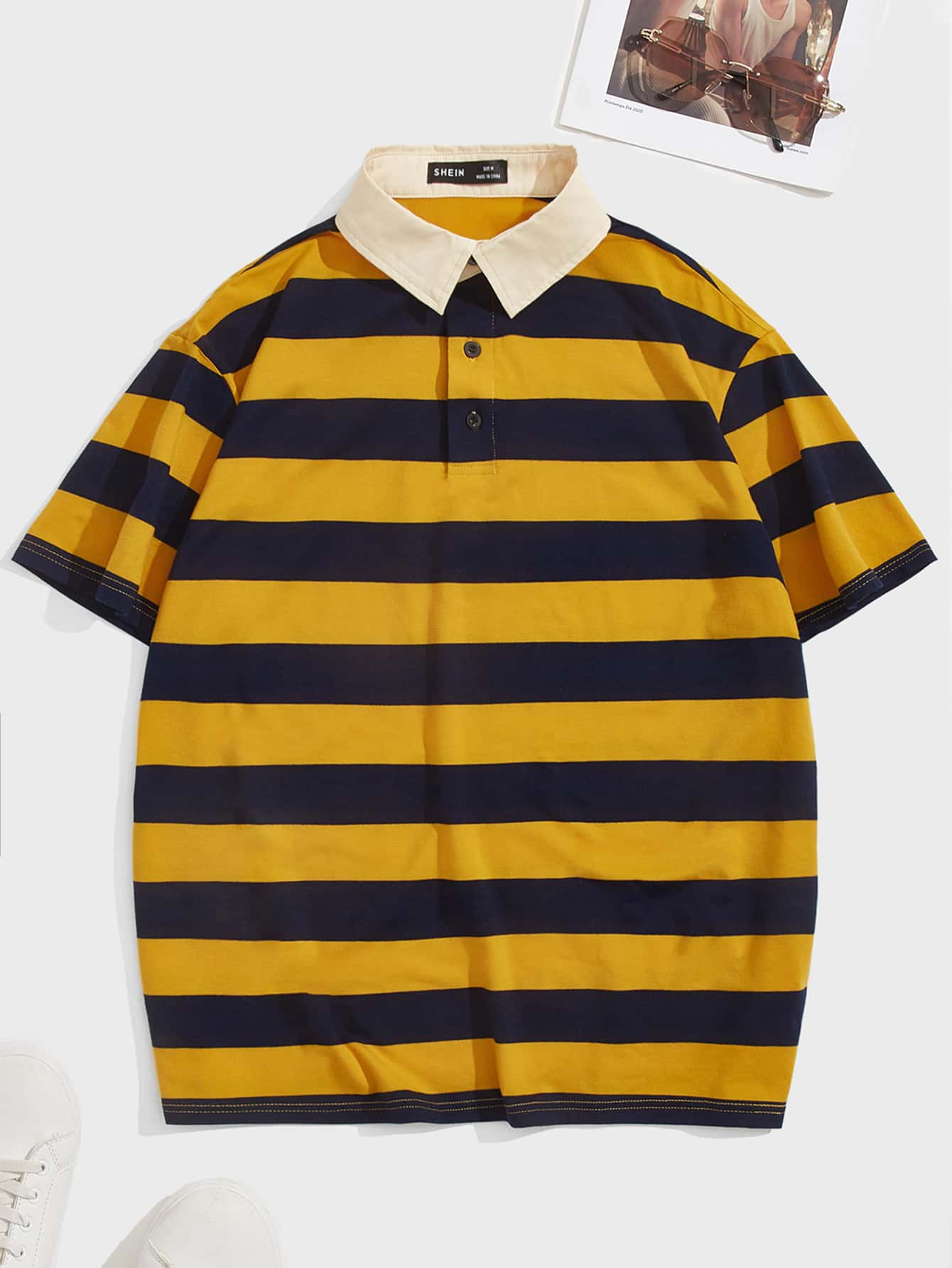 Men Striped Contrast Collar Polo Shirt