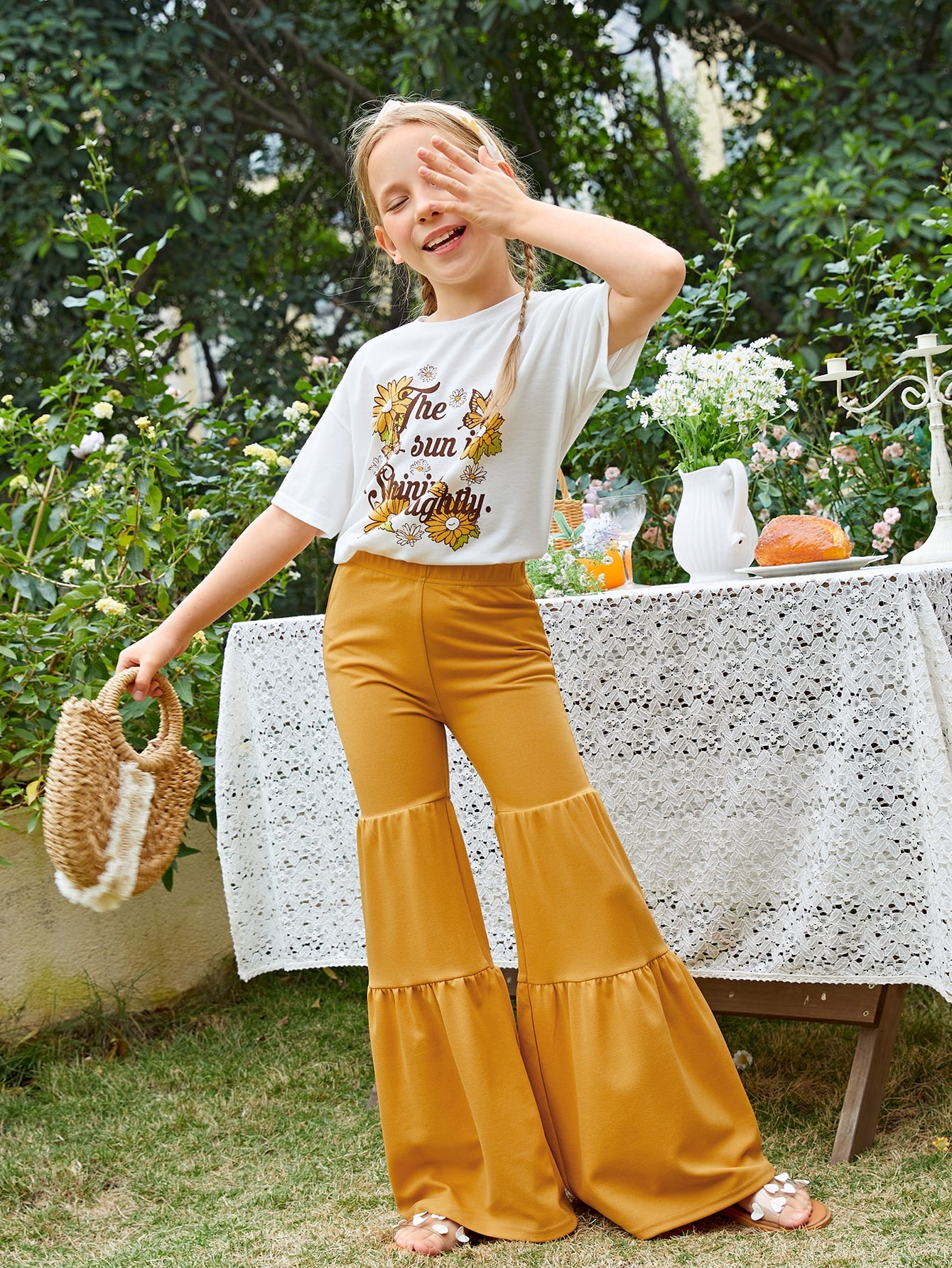 Tween Girl Slogan & Floral Print Drop Shoulder Tee & Flare Leg Pants