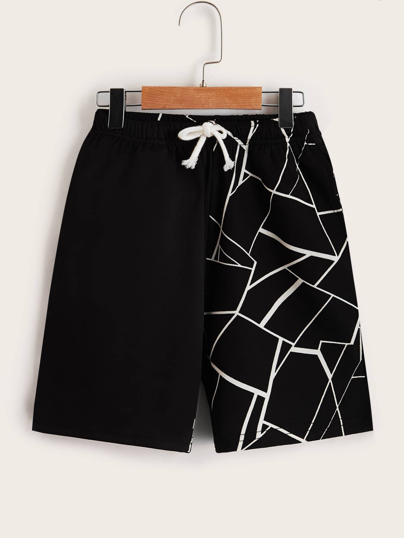 Tween Boy Summer Casual Geometric Pattern Patchwork Waist Drawstring Shorts