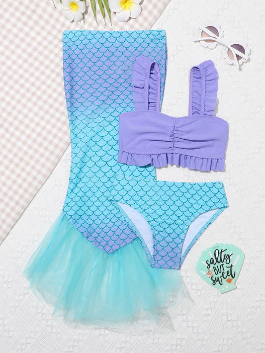 Young Girl Fish Scale Print Frill Trim Mermaid Tail Set