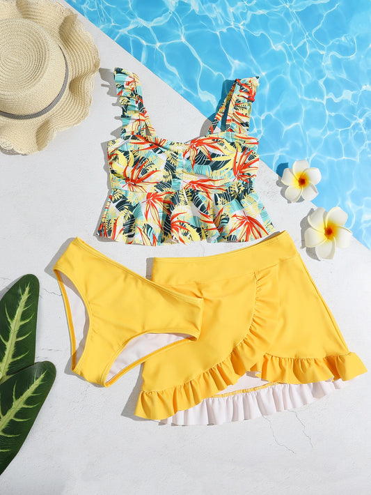 Tween Girl Tropical Print Frill Trim Bikini Set With Beach Skirt Summer Beach