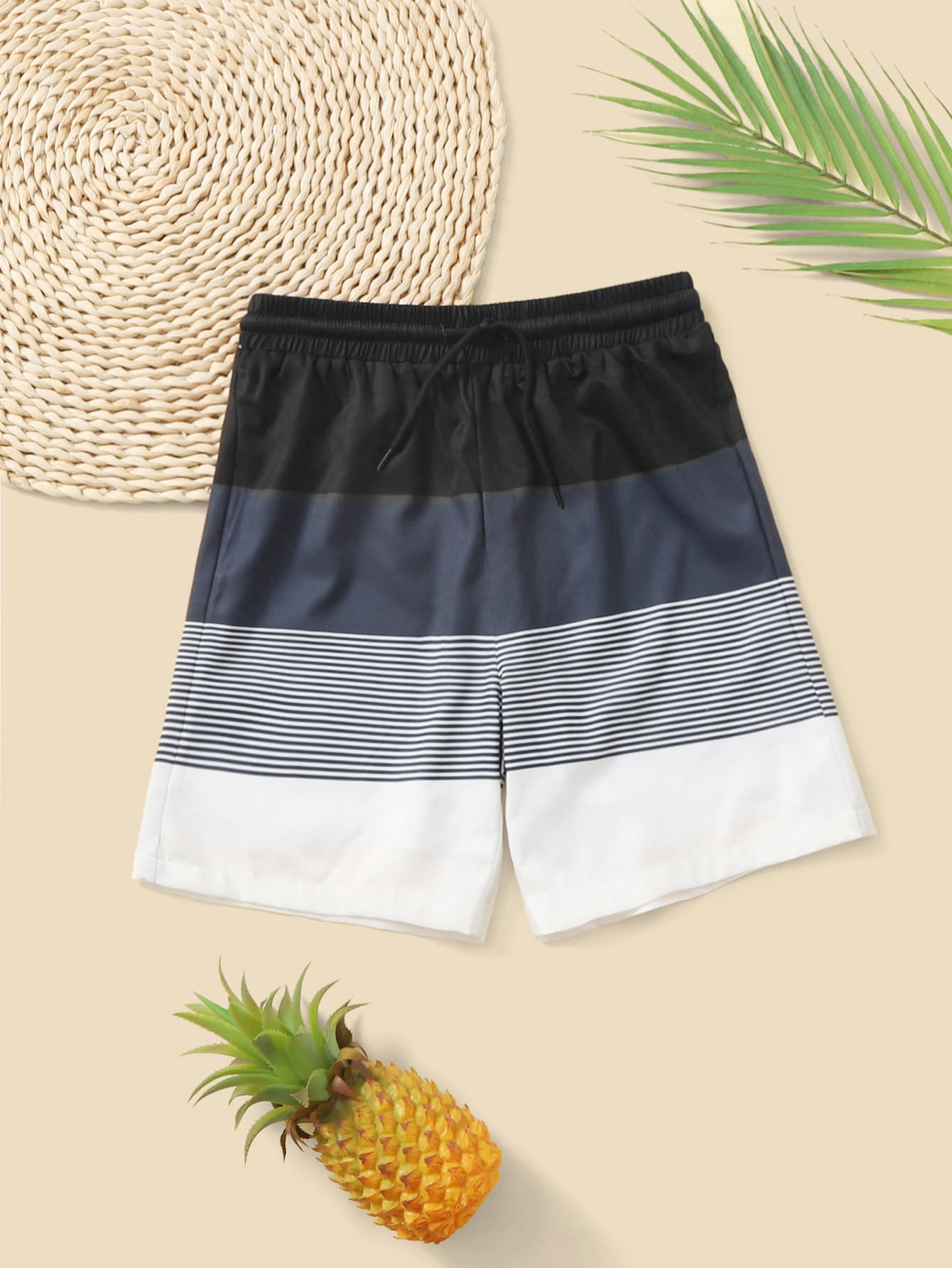 Tween Boy Striped Colorblock Drawstring Waist Swim Trunks