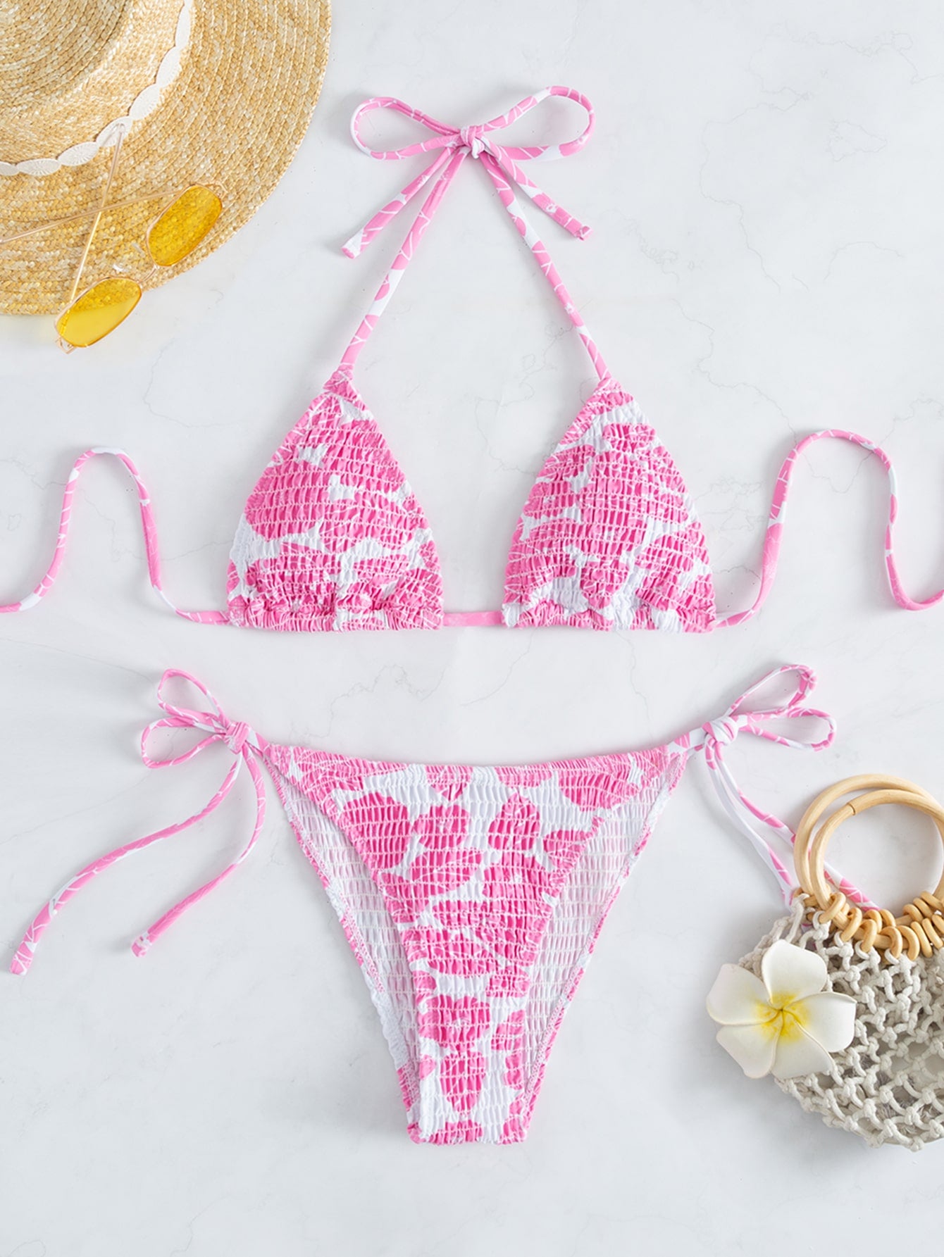 Swim Mod Summer Beach Floral Print Smocked Halter Triangle Bikini Set