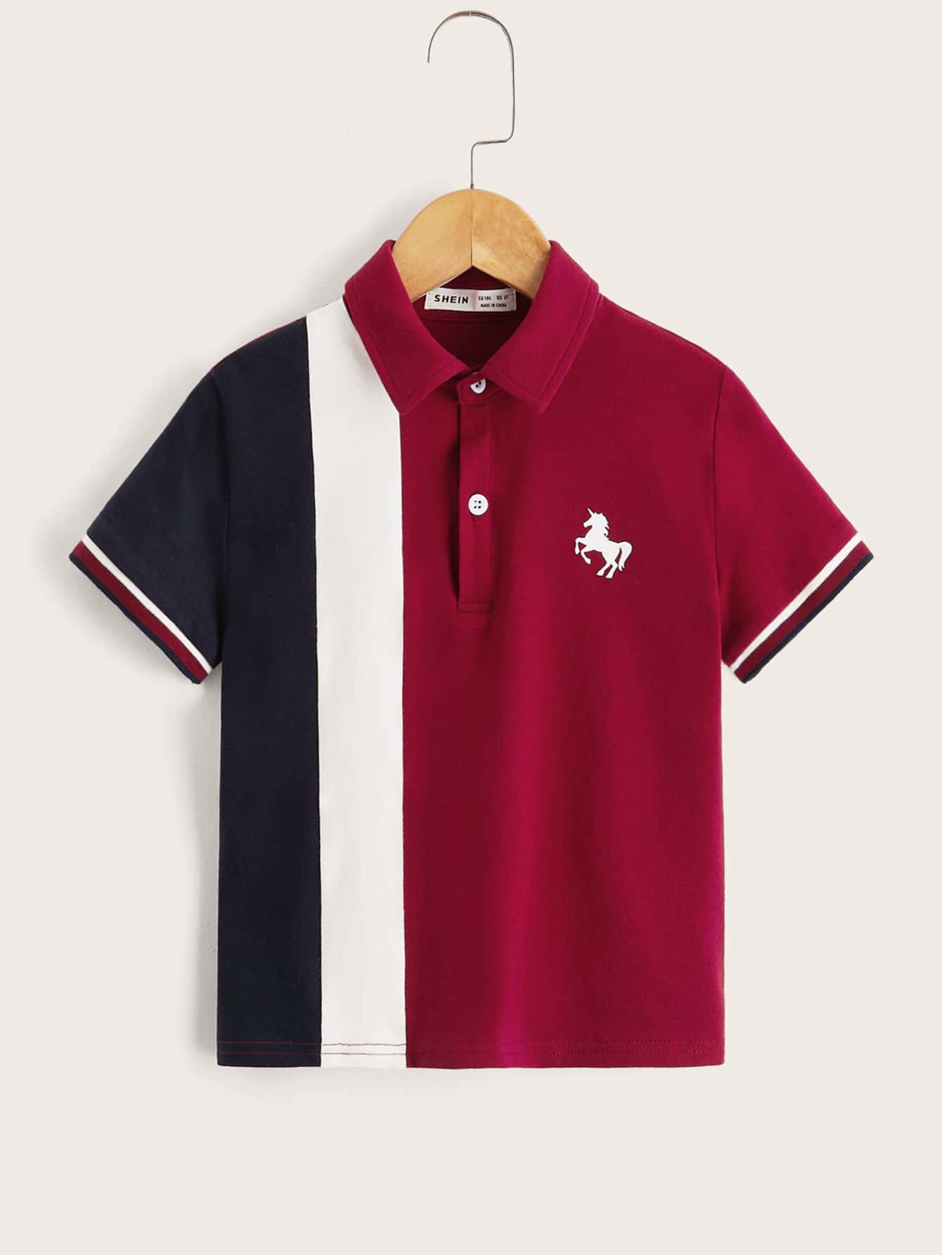 Teen Boys' Casual Knit Polo Shirt With Half Placket And Colorblock Collar And Pattern Print