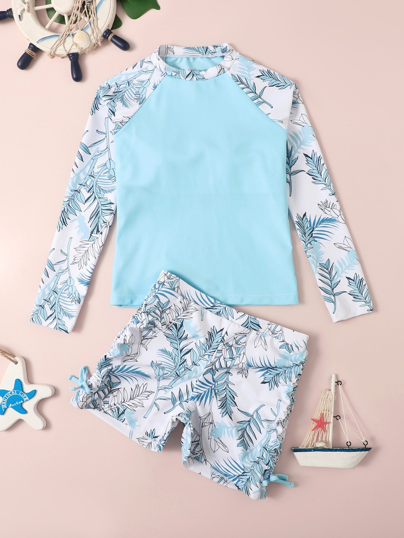 Tween Girl Plant Print Long Sleeve Rashguard Summer Beach