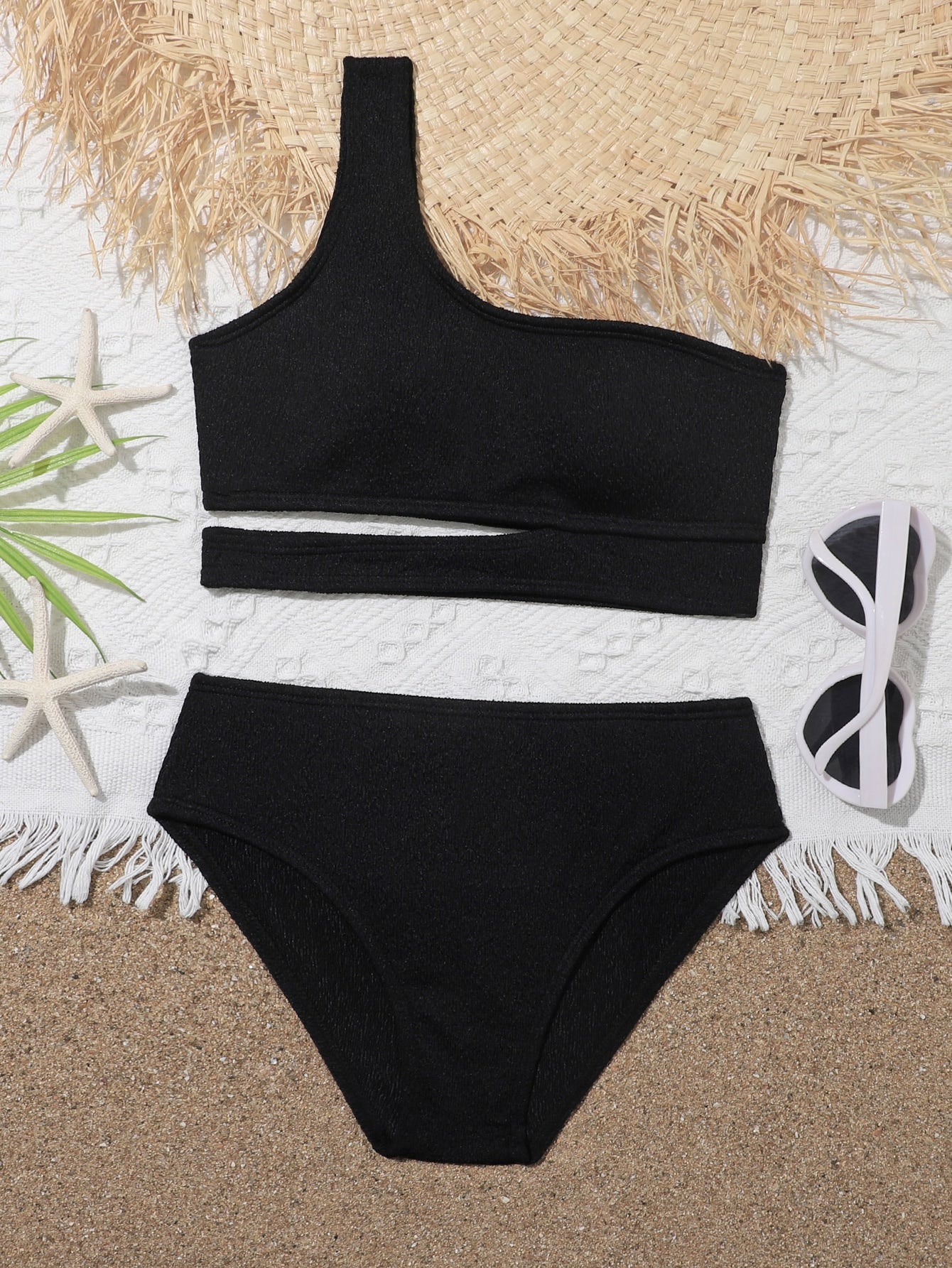 Tween Girl Plain Cut-Out Bikini Set Summer Beach