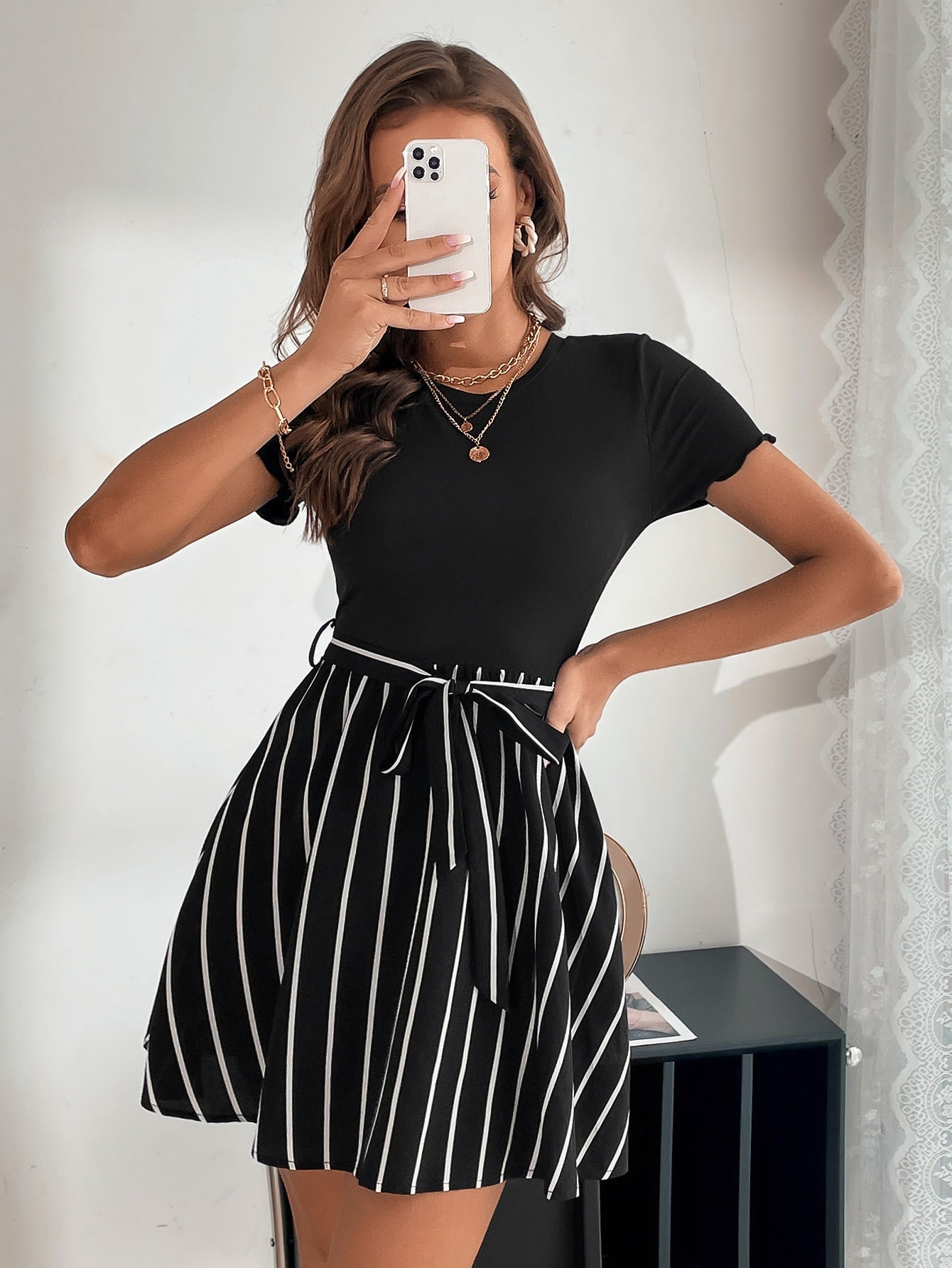 Women's Solid Color Striped Printed Short Sleeve Dress