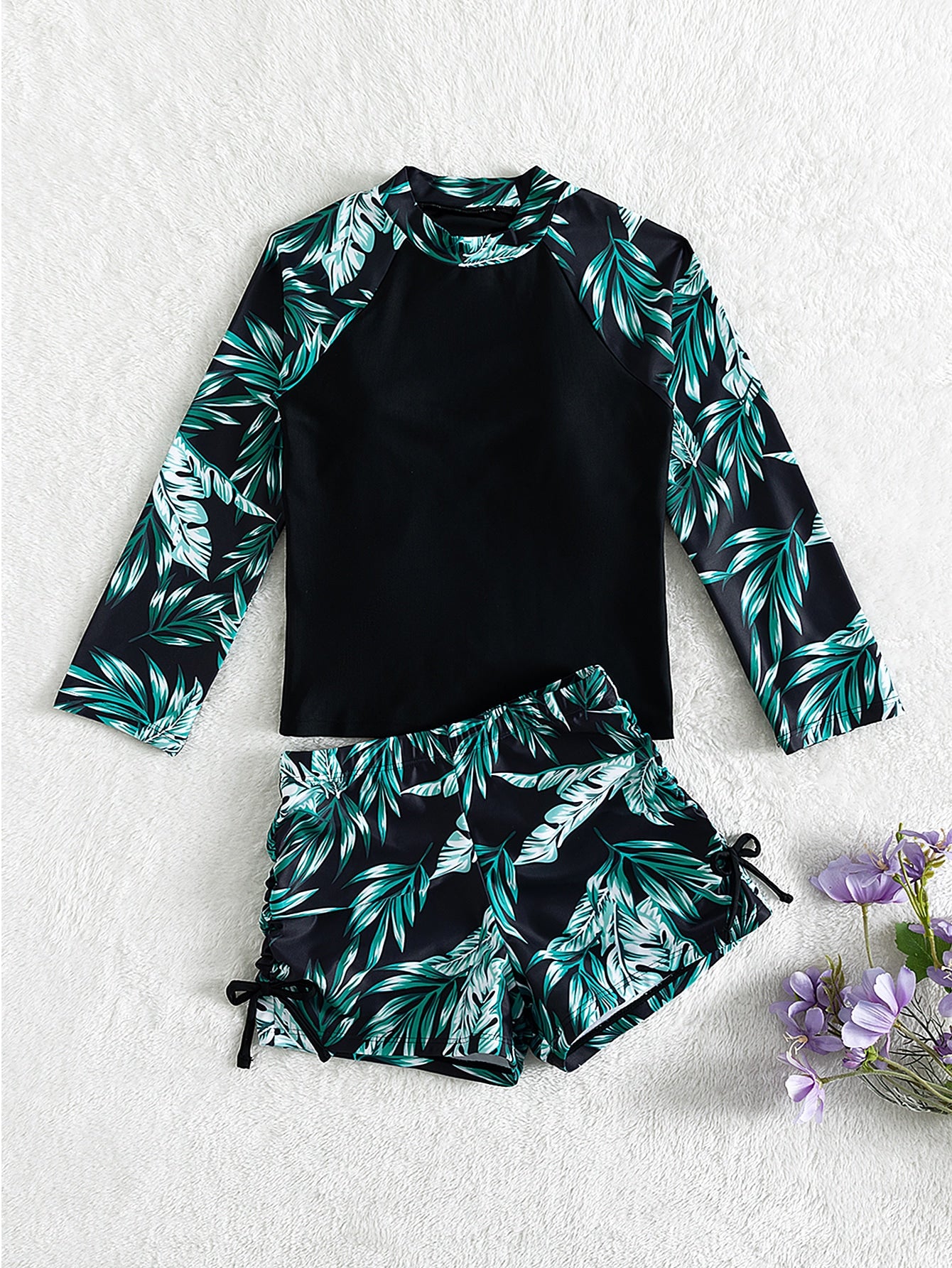 Tween Girl Plant Print Long Sleeve Rashguard Summer Beach