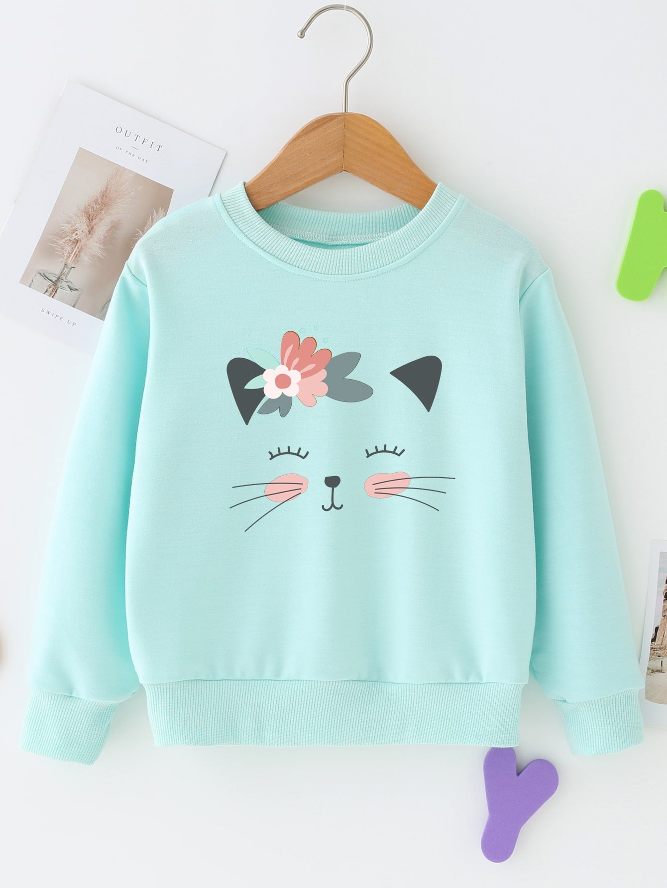 Young Girl Casual Cute Floral & Kitten Print Round Neck Pullover Sweatshirt