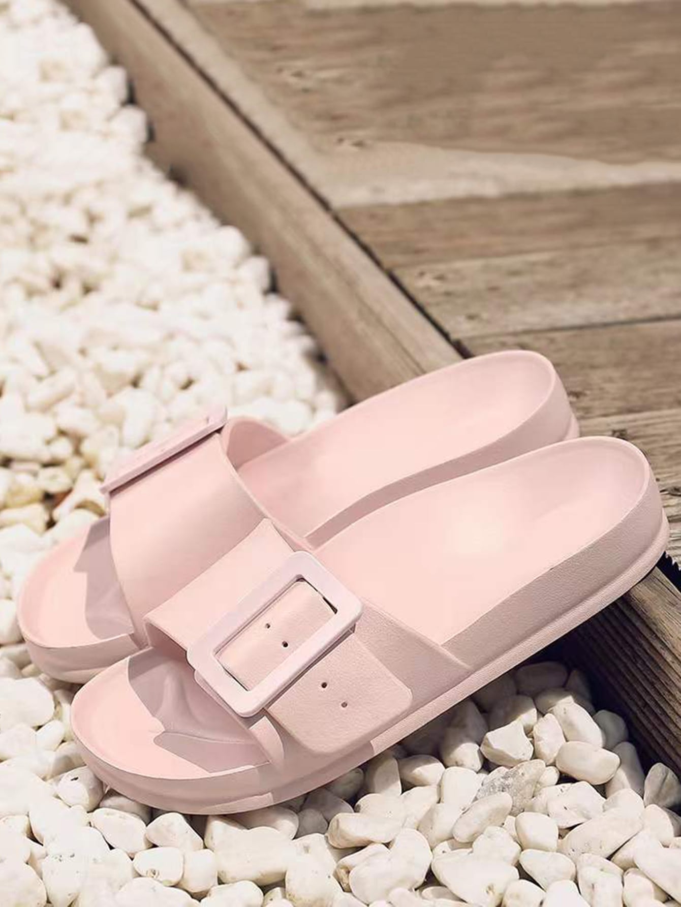 Buckle Detail Wide Fit Slides, Color Solid Color Beach Flip Flops