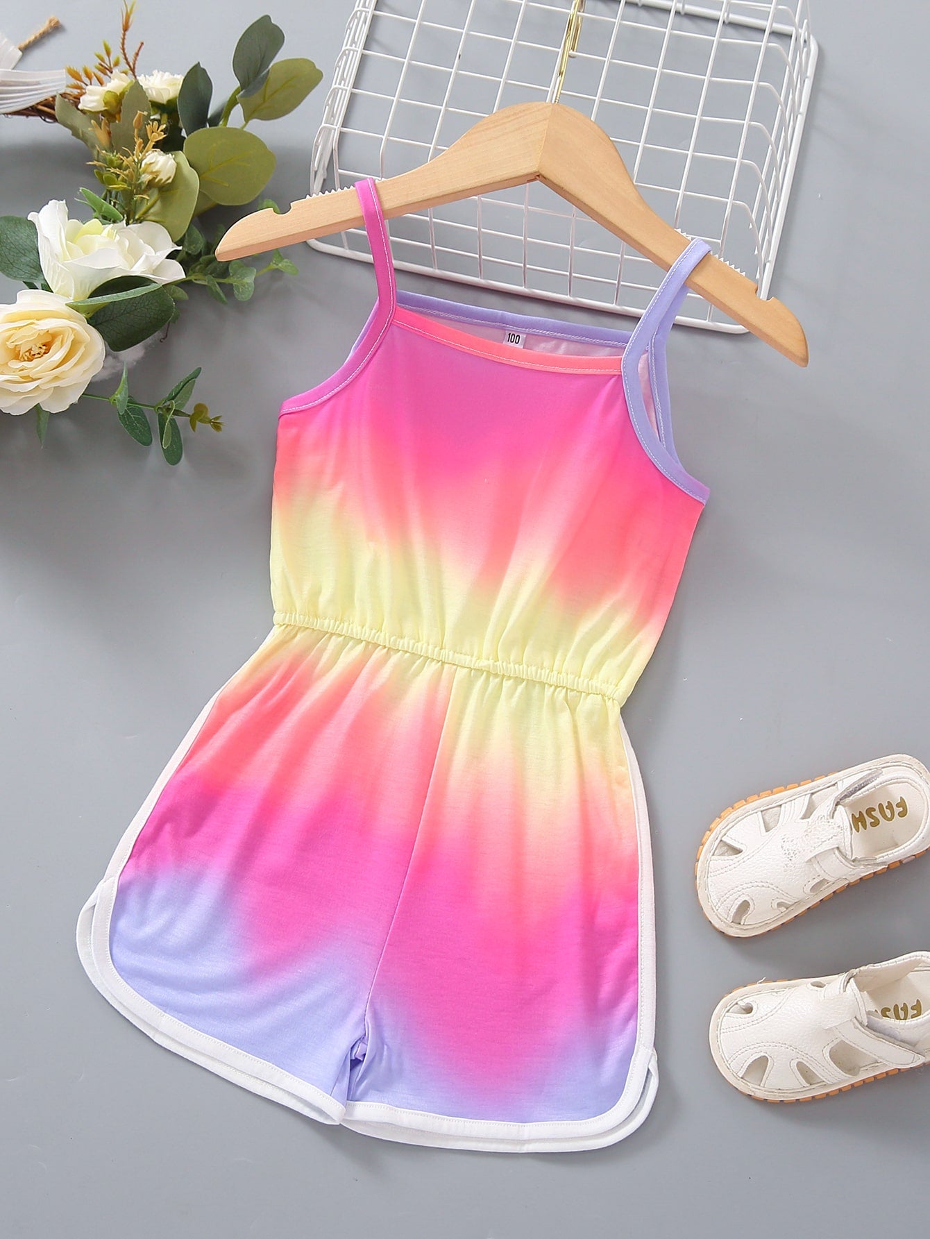 Young Girl Casual Rainbow Ombre Tank Romper, Ideal For Summer, Outdoor Activities And Various Occasions, Simple & Versatile Style, Comfortable To Wear, Perfect For Hot Summer Vacation