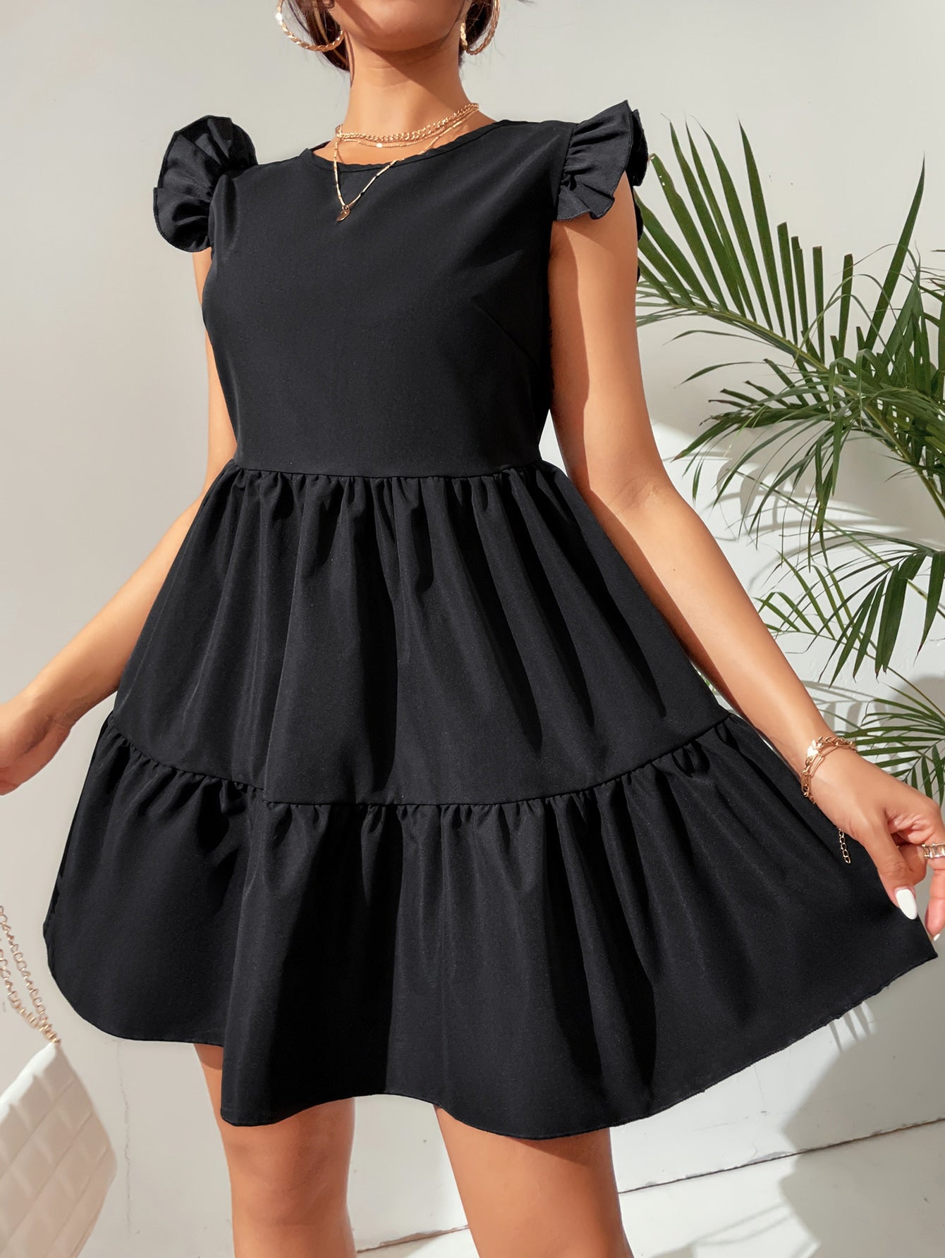 Flutter Sleeve Keyhole Back Ruffle Hem Dress