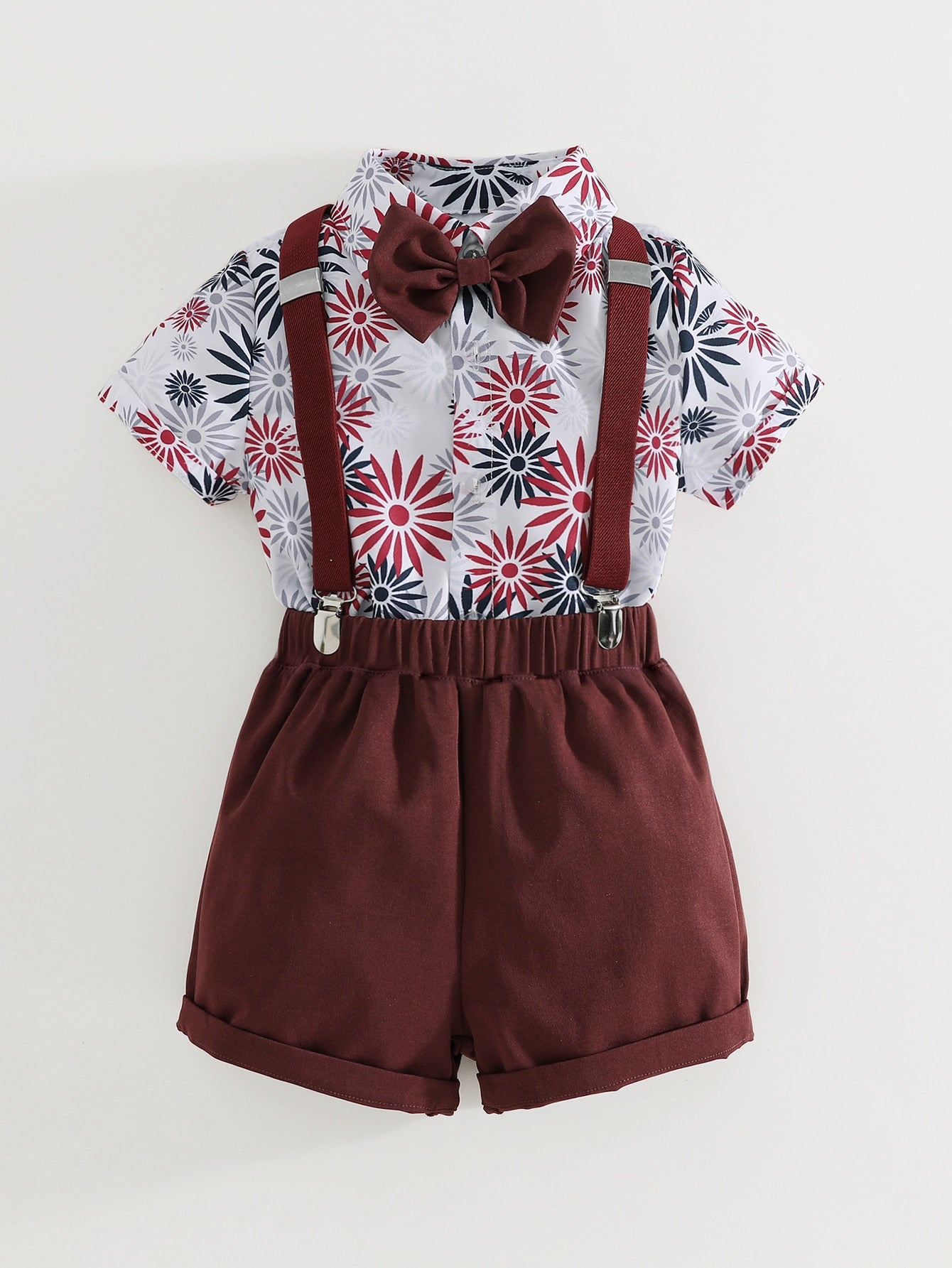 Young Boy Floral Print Bow Shirt & Pinafore Shorts