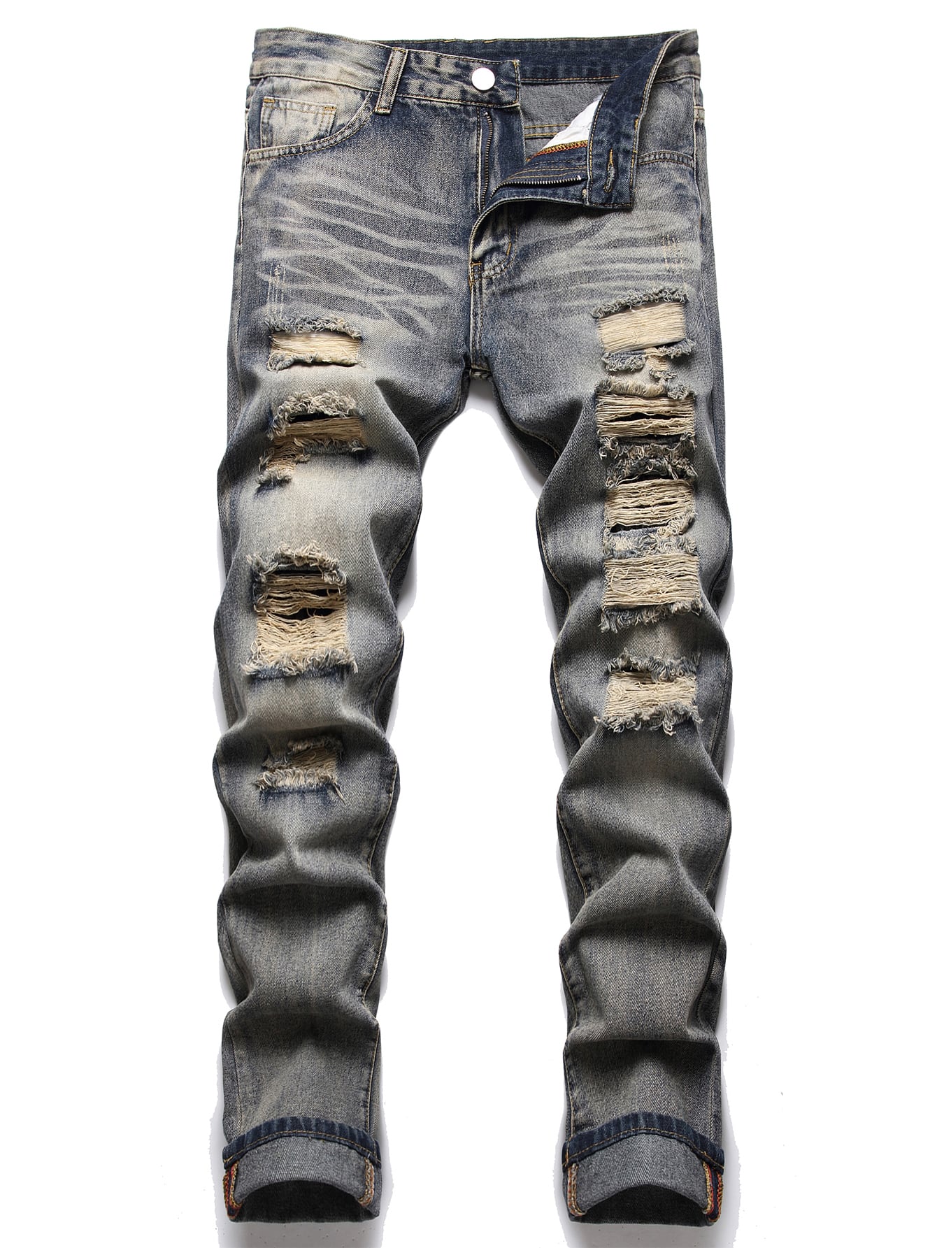 Men Cotton Ripped Frayed Cat Scratch Skinny Jeans