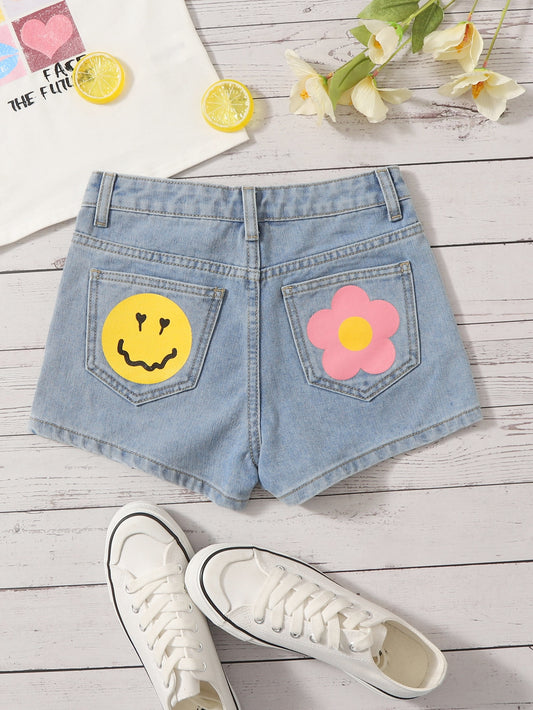 Tween Girl Floral & Cartoon Face Print Denim Shorts