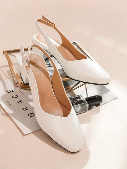 Square Toe Chunky Heeled Slingback Pumps, White Elegant Solid Color Backless Women's High Heel Shoes