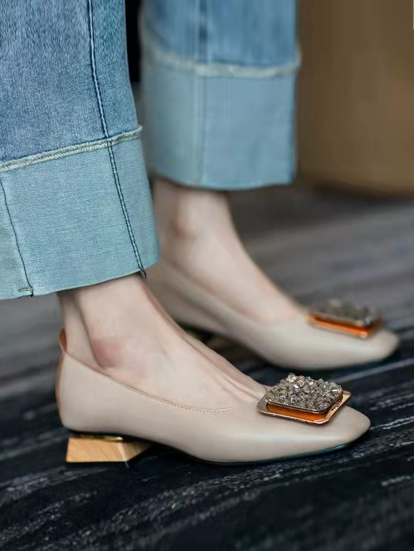 Rhinestone Square Toe Flat Shoes For Women, Mary Jane Style