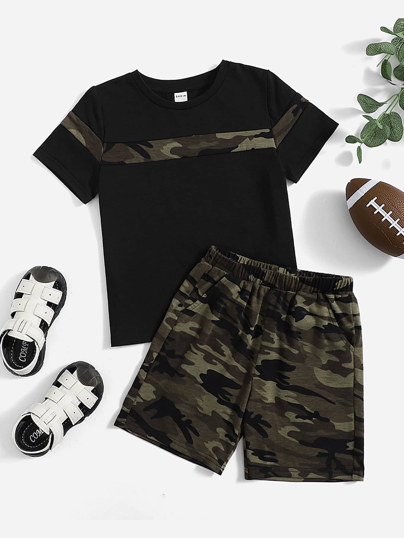 2pcs/Set Young Boy's Camo Printed T-Shirt And Shorts, Casual Sports Outfits