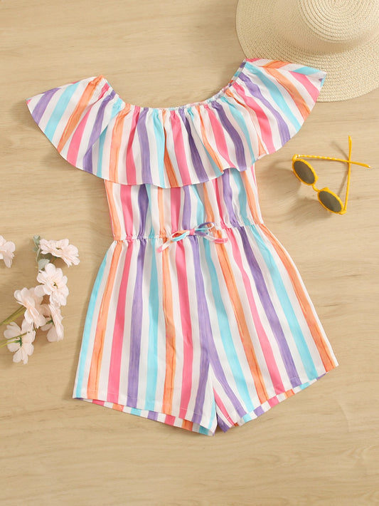 Tween Girl Ruffle Foldover Knot Waist Striped Romper