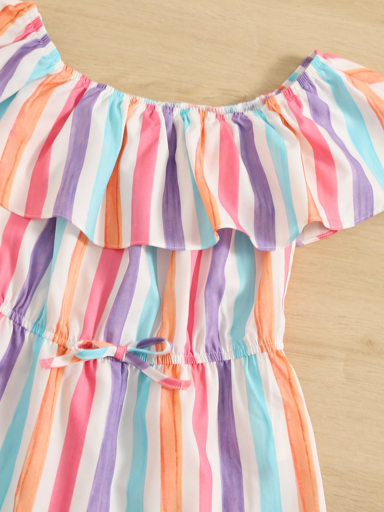 Tween Girl Ruffle Foldover Knot Waist Striped Romper