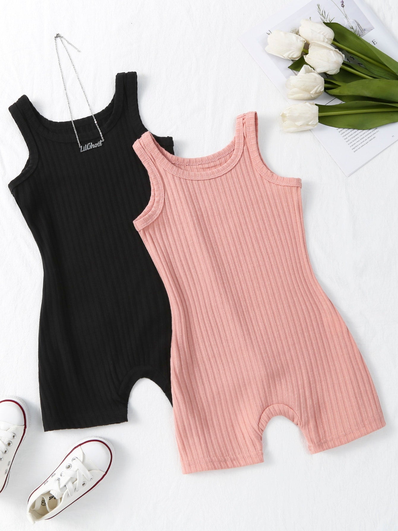 Young Girl 2pcs Ribbed Unitard Romper