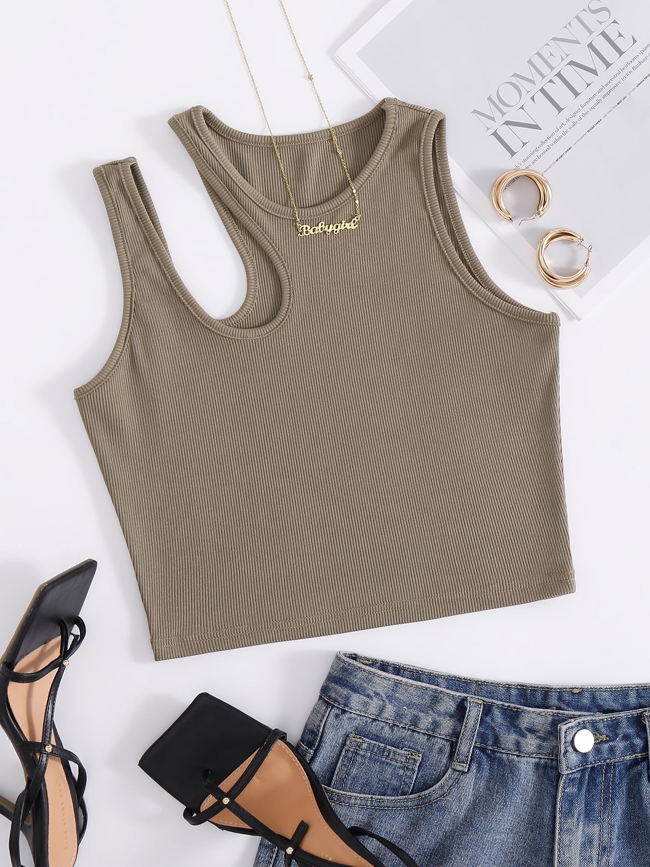 Solid Cut Out Shoulder Ribbed Knit Tank Top For Summer