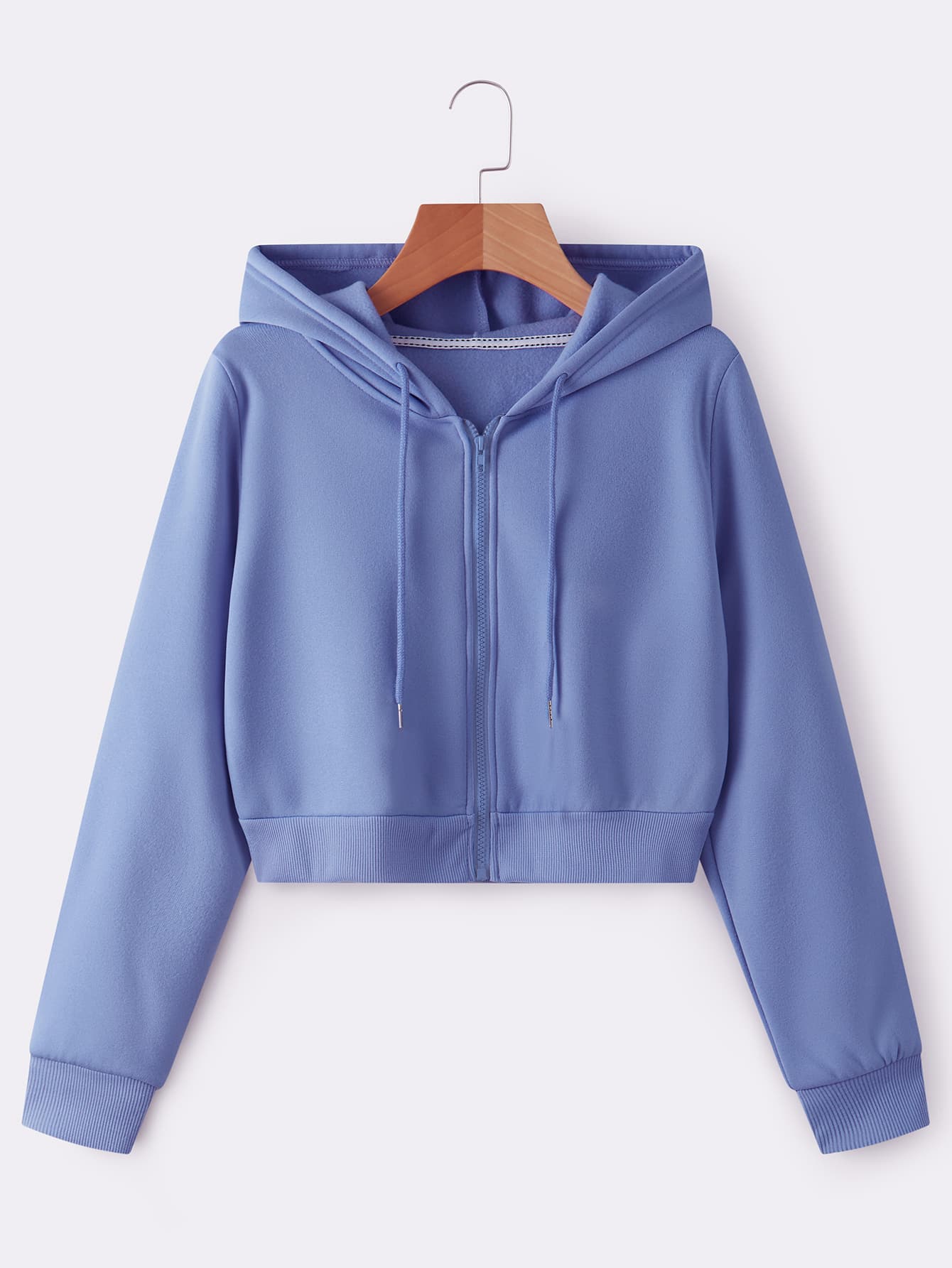 Solid Zip Up Drawstring Crop Thermal Lined Zip Up Hoodie