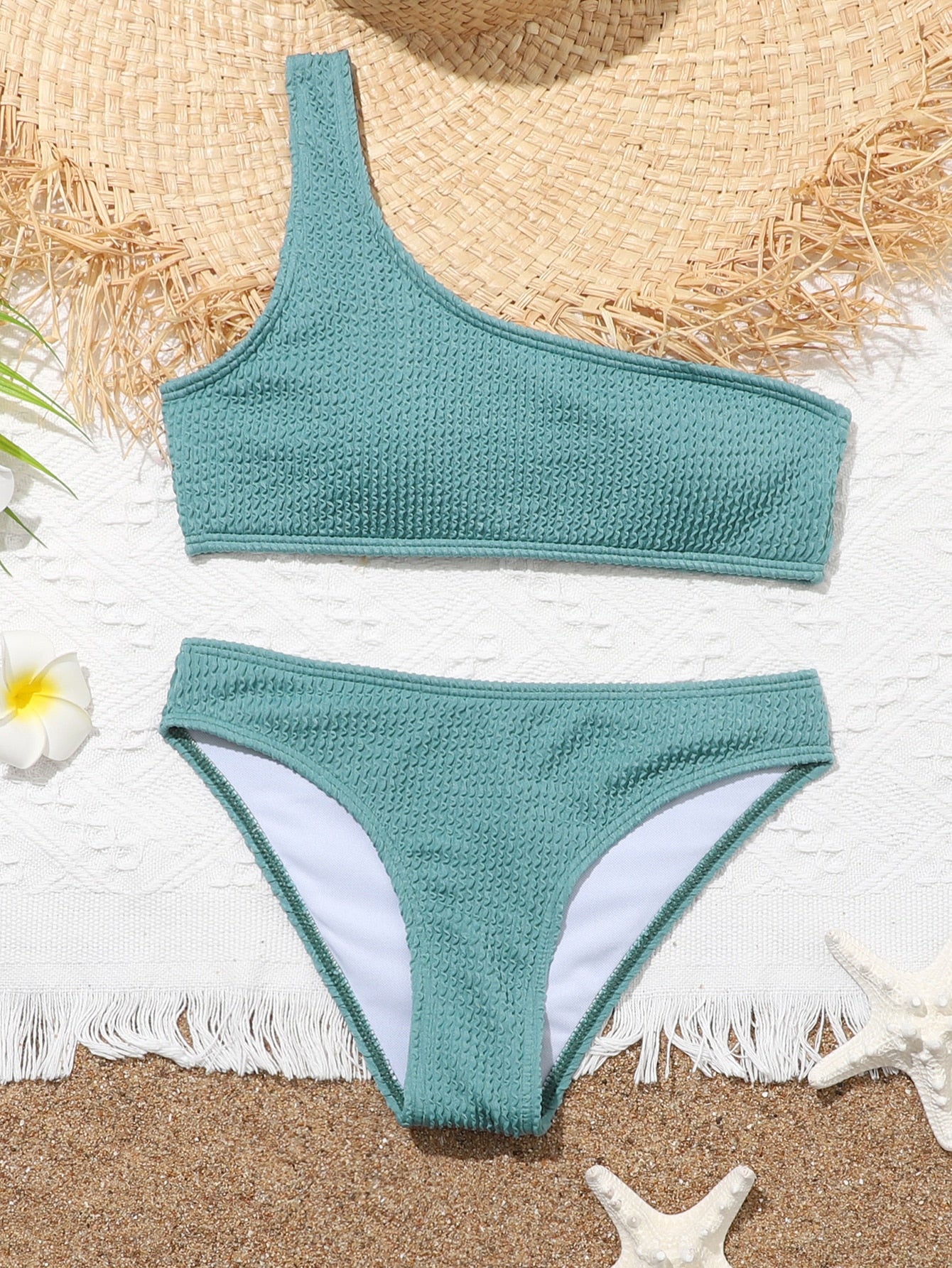 Tween Girl Plain Smocked One Shoulder Bikini Set Summer Beach