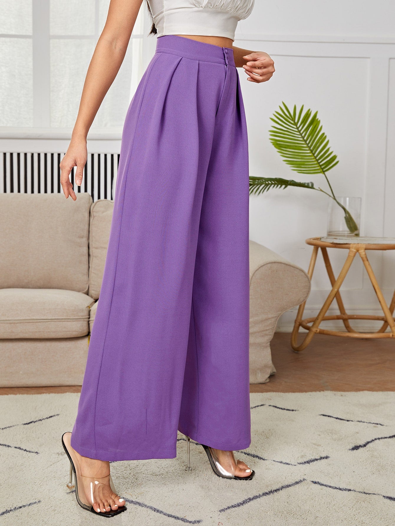 High Waist Plicated Wide Leg Black Dress Pants