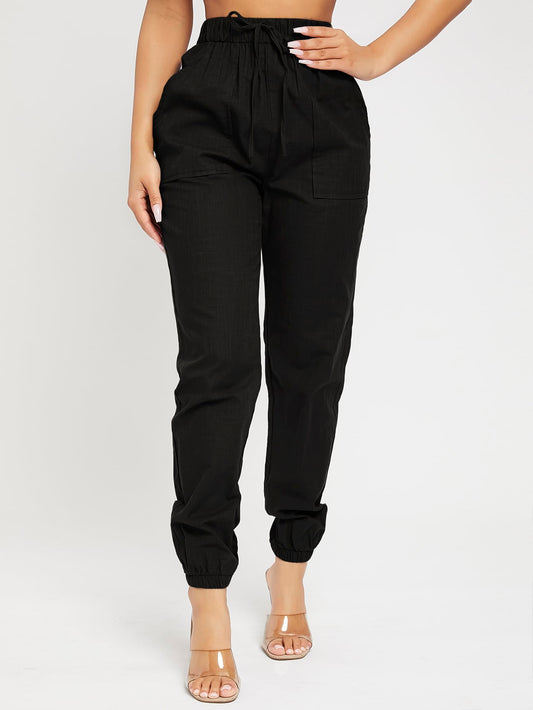 High Waist Knot Detail Jogger Black Pants