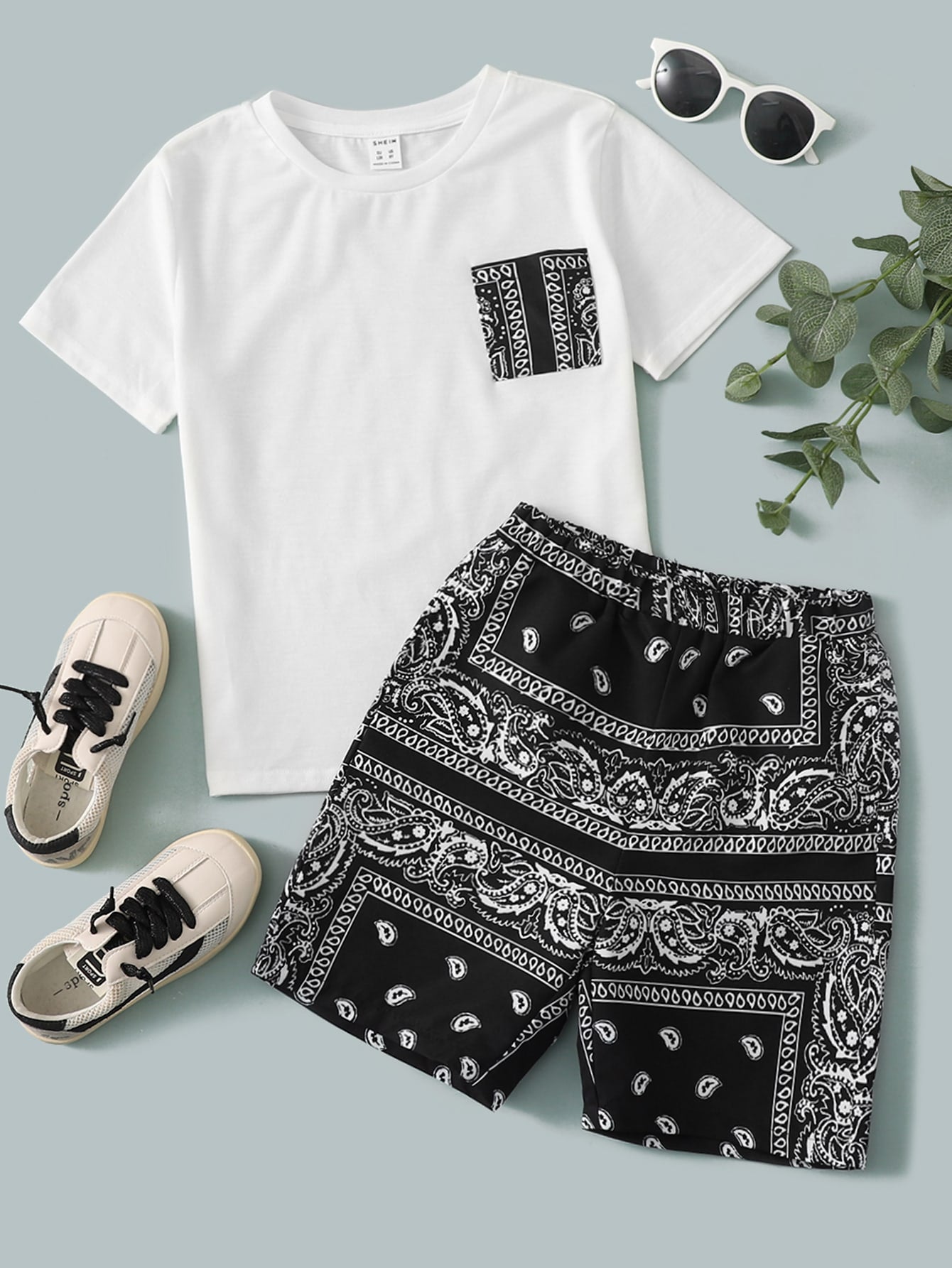 Tween Boy Paisley Print Patched Pocket Tee & Shorts