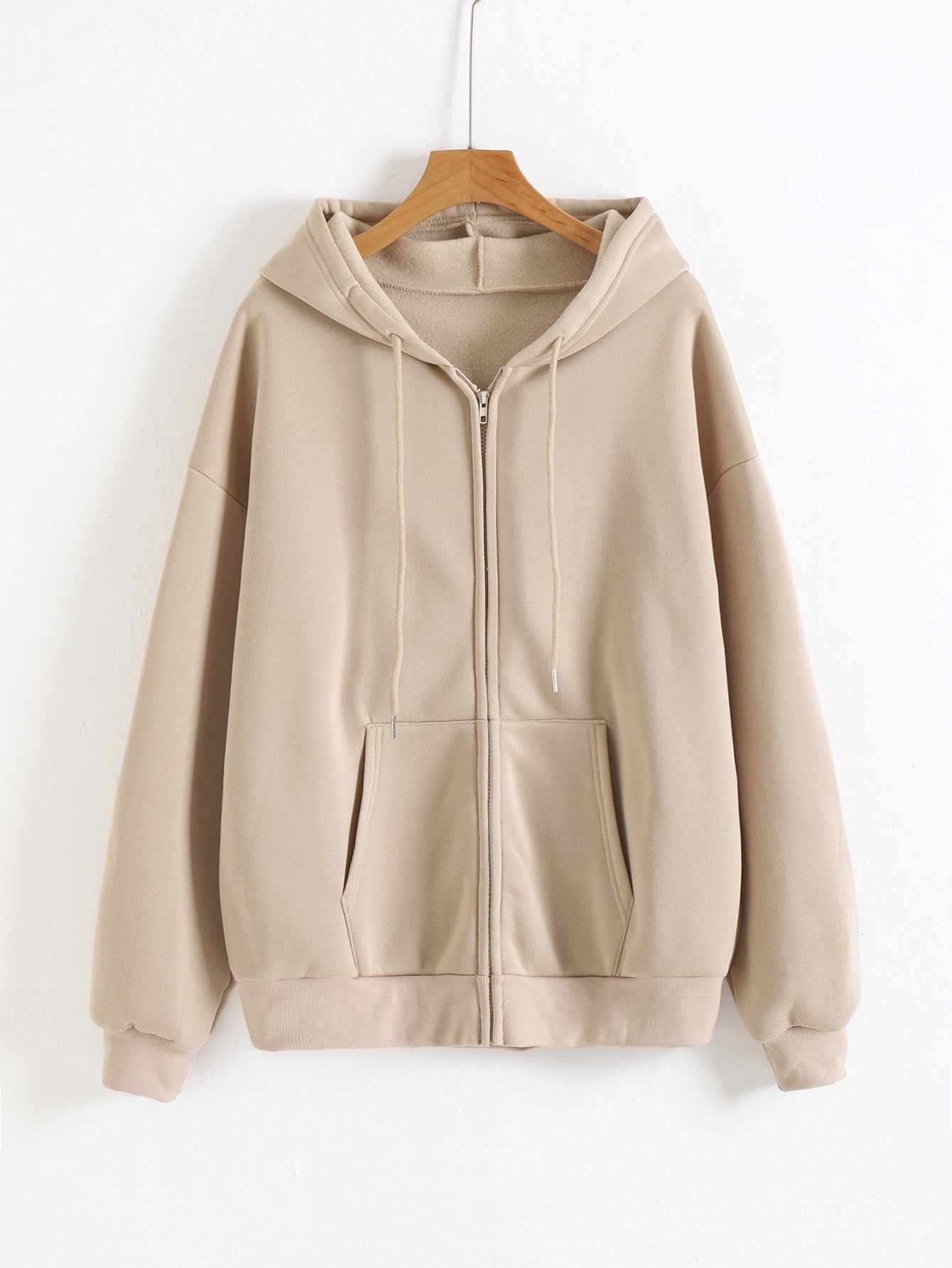 Solid Drawstring Pocket Zip Up Thermal Lined Hoodie