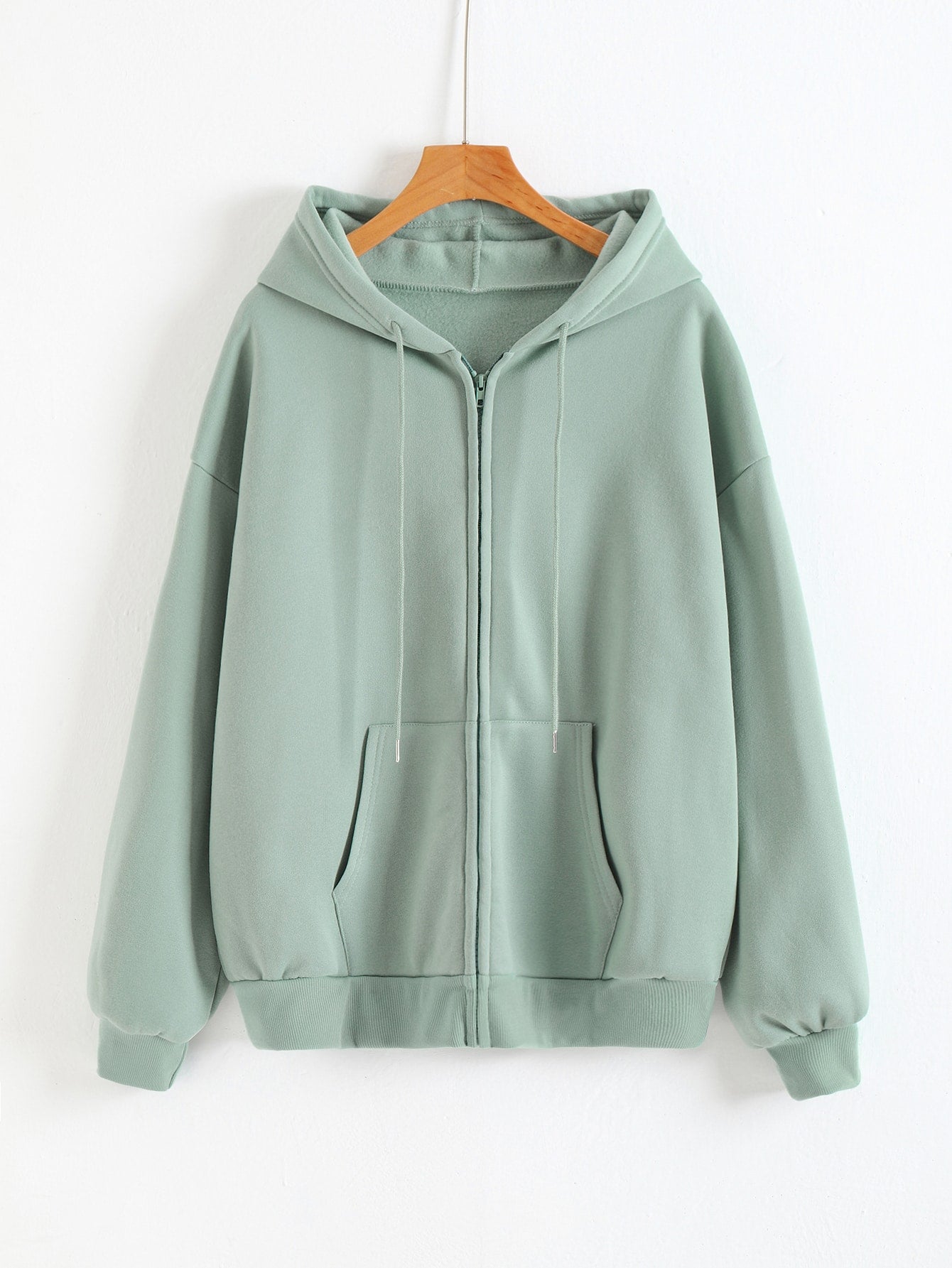 Solid Drawstring Pocket Zip Up Thermal Lined Hoodie