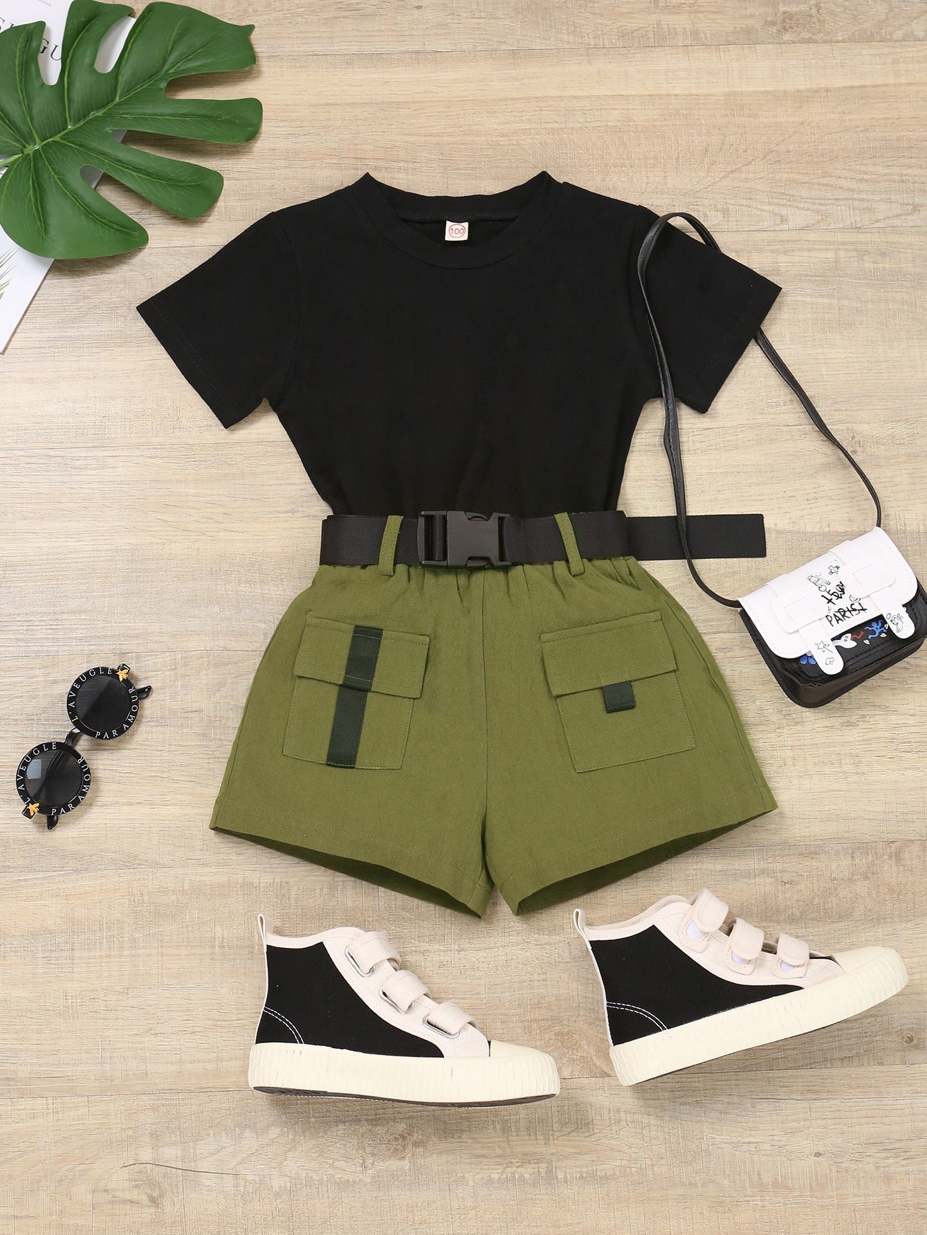 Young Girl Round Neck Tee & Dual Pocket Belted Shorts