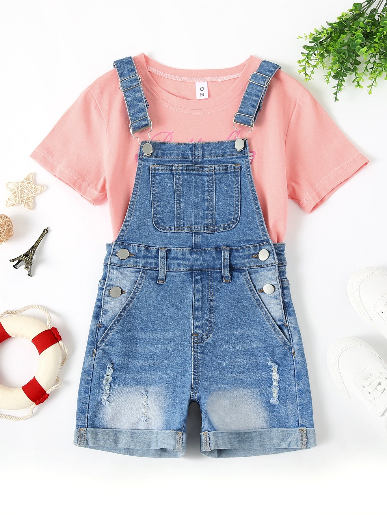 Tween Girl Patched Pocket Ripped Denim Overall Without Tee