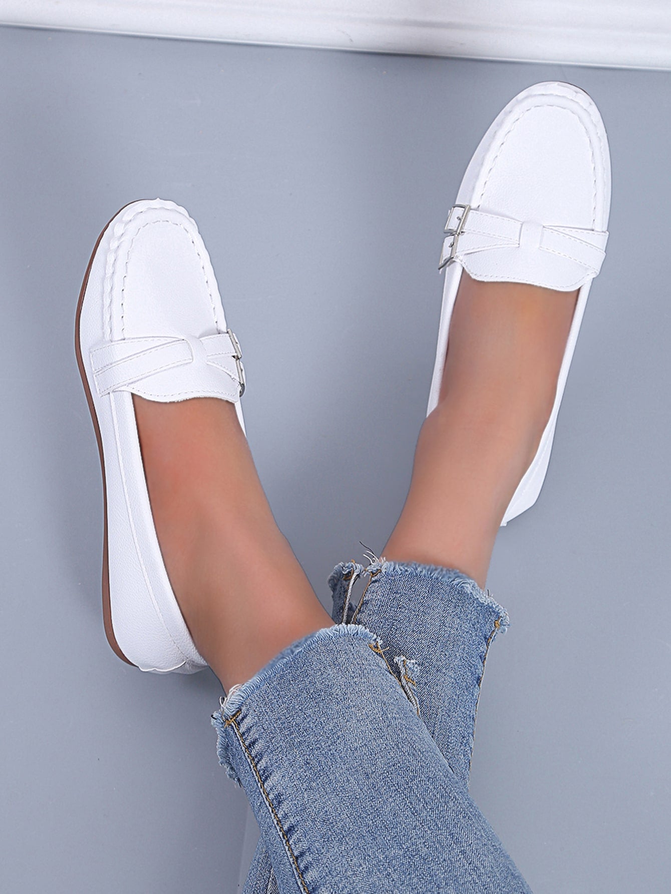 Women White Buckle Detail Stitch Detail Loafers, Elegant Round Toe Flats