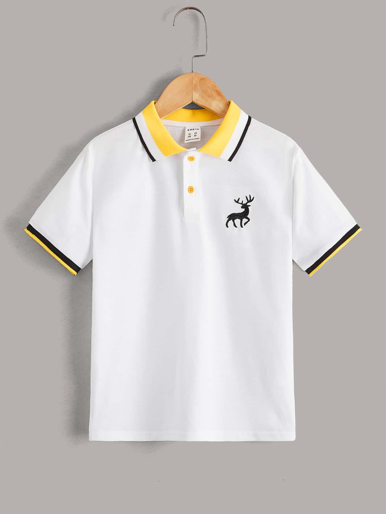 Tween Boy Elk Embroidered Striped Trim Polo Shirt