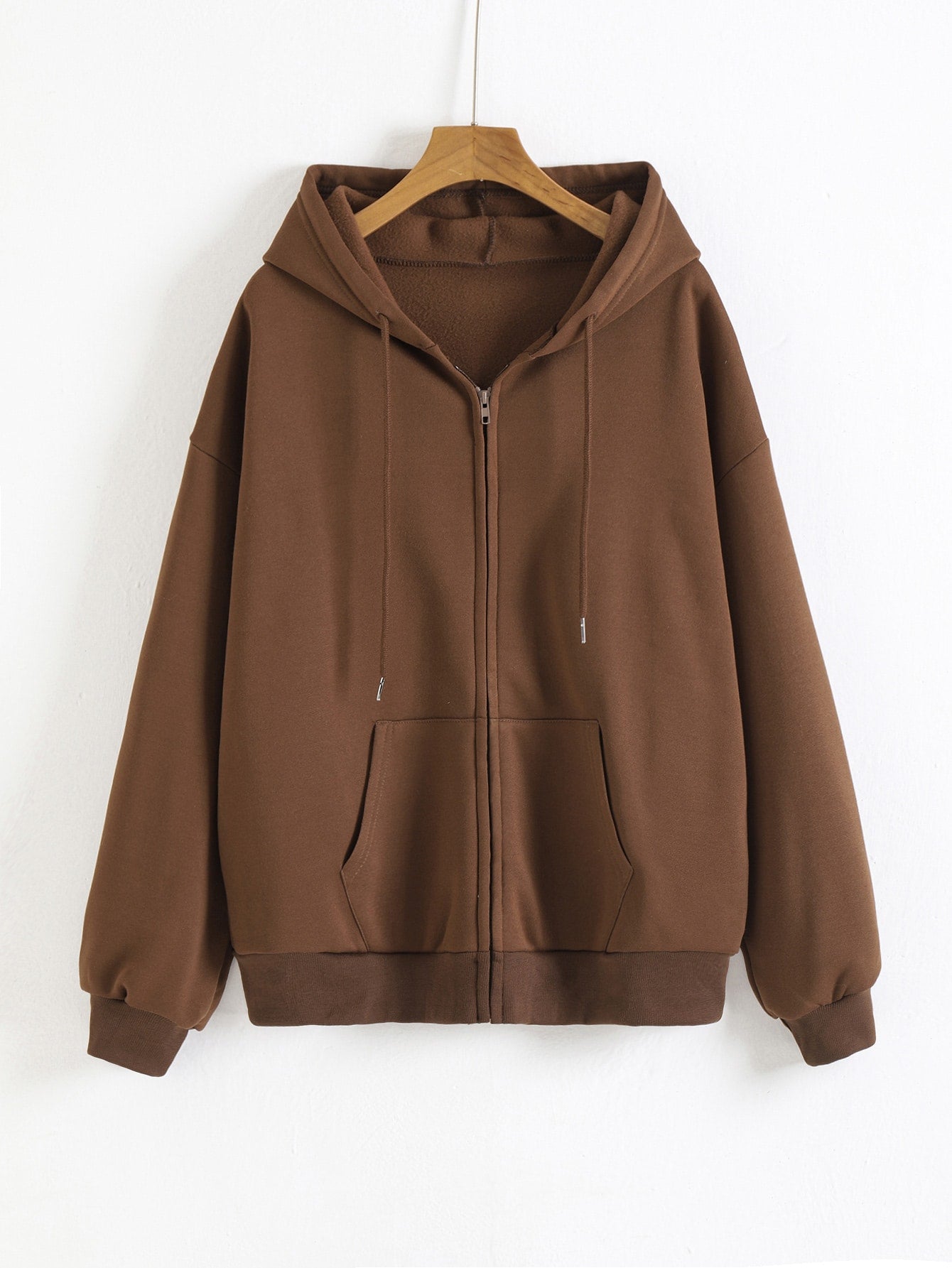 Solid Drop Shoulder Zip Up Drawstring Hoodie