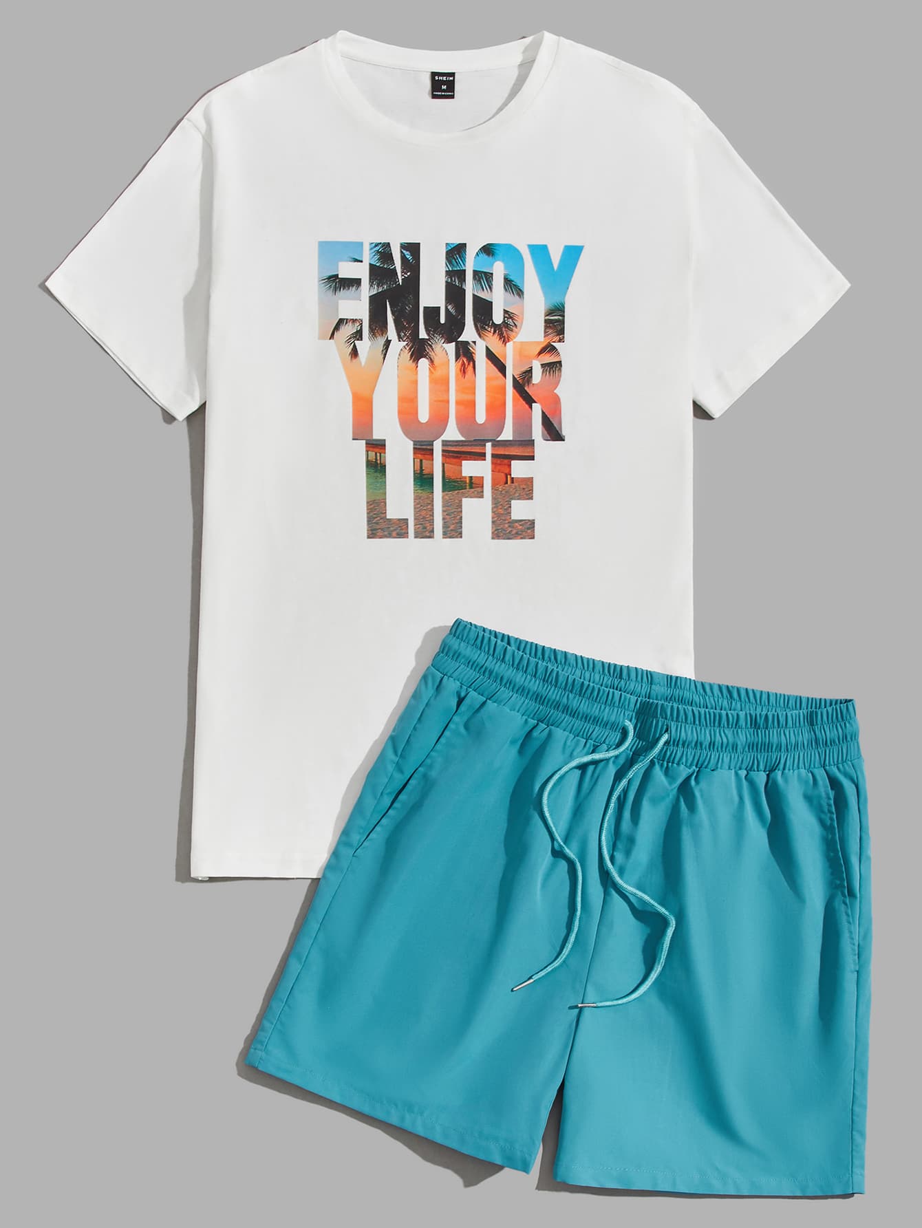 Men Cotton Scenery & Slogan Graphic Tee & Drawstring Waist Shorts