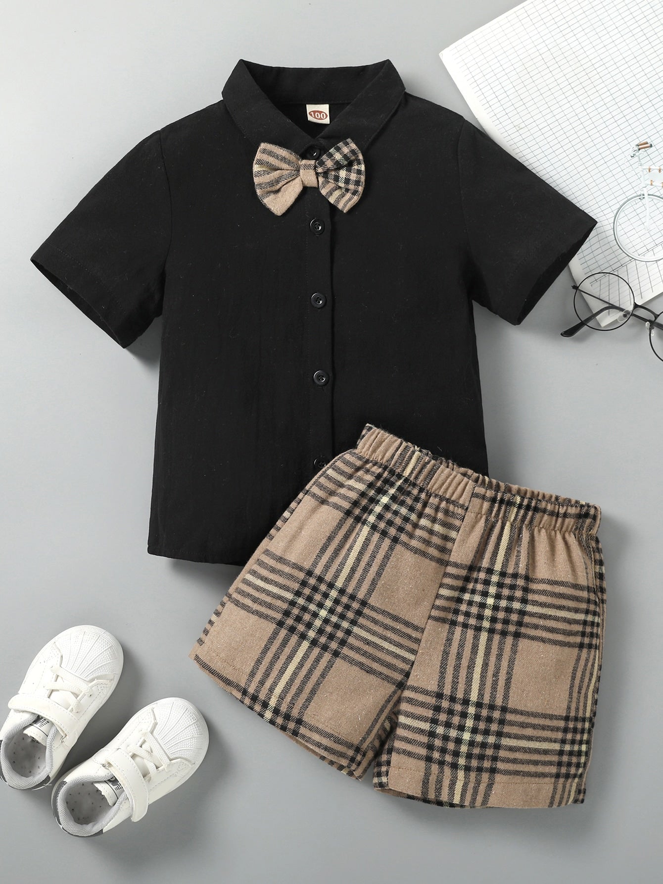 Young Boy Button Up Bow Detail Shirt With Plaid Print Shorts