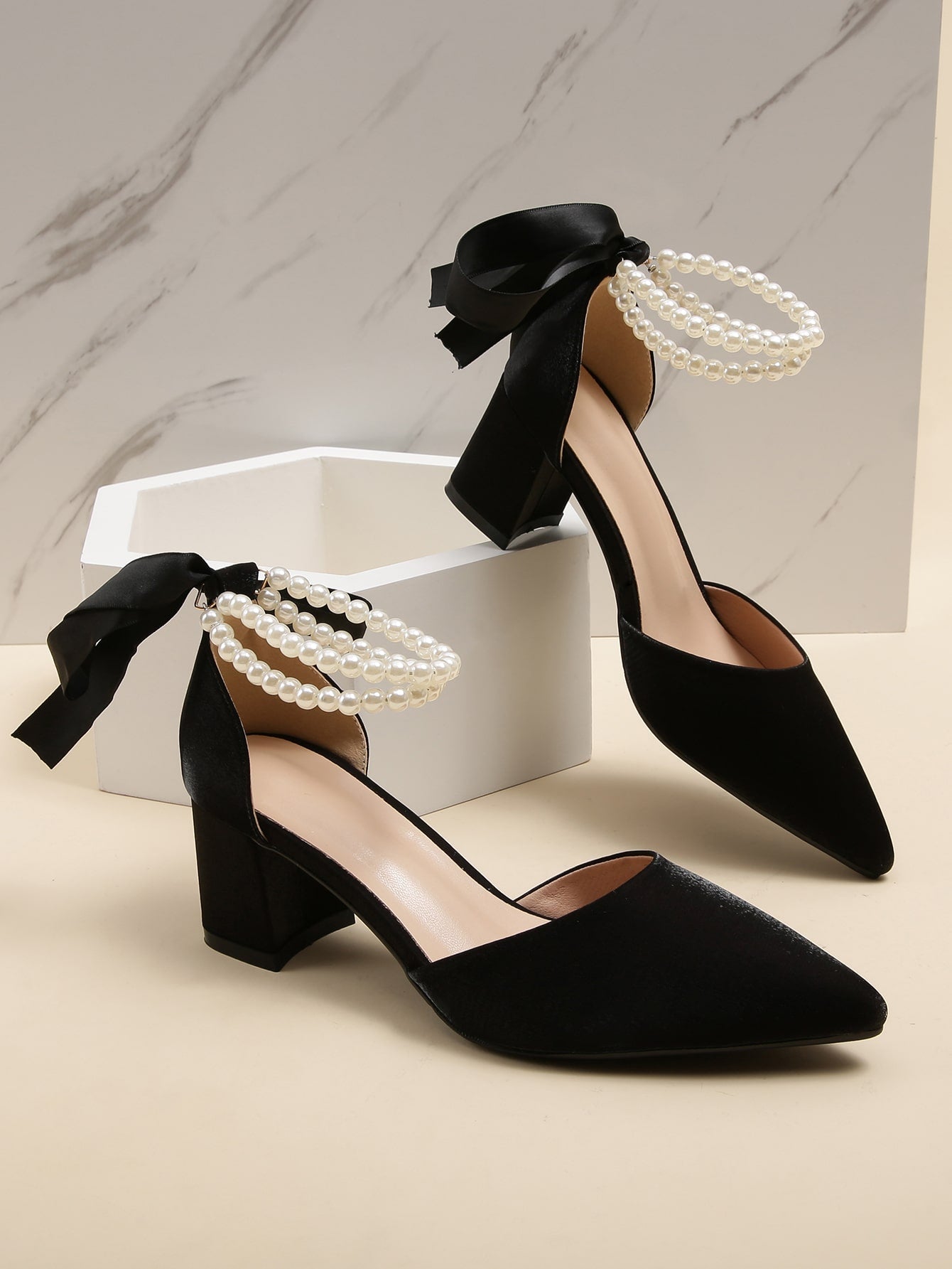 Satin Faux Pearl & Bow Decor Chunky Heeled Ankle Strap Pumps