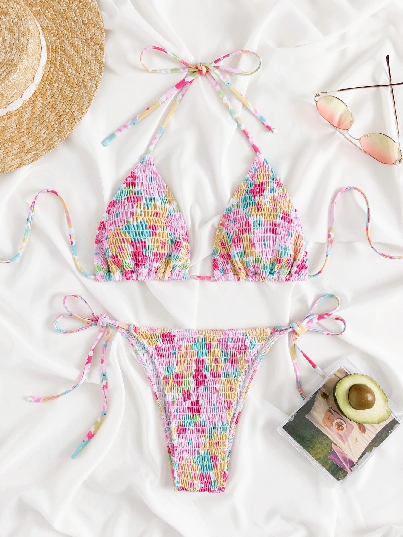 Swim Mod Summer Beach Random Floral Print Bikini Set Smocked Halter Triangle Bra Top & Tie Side Bikini Bottom 2 Pieces Bikini