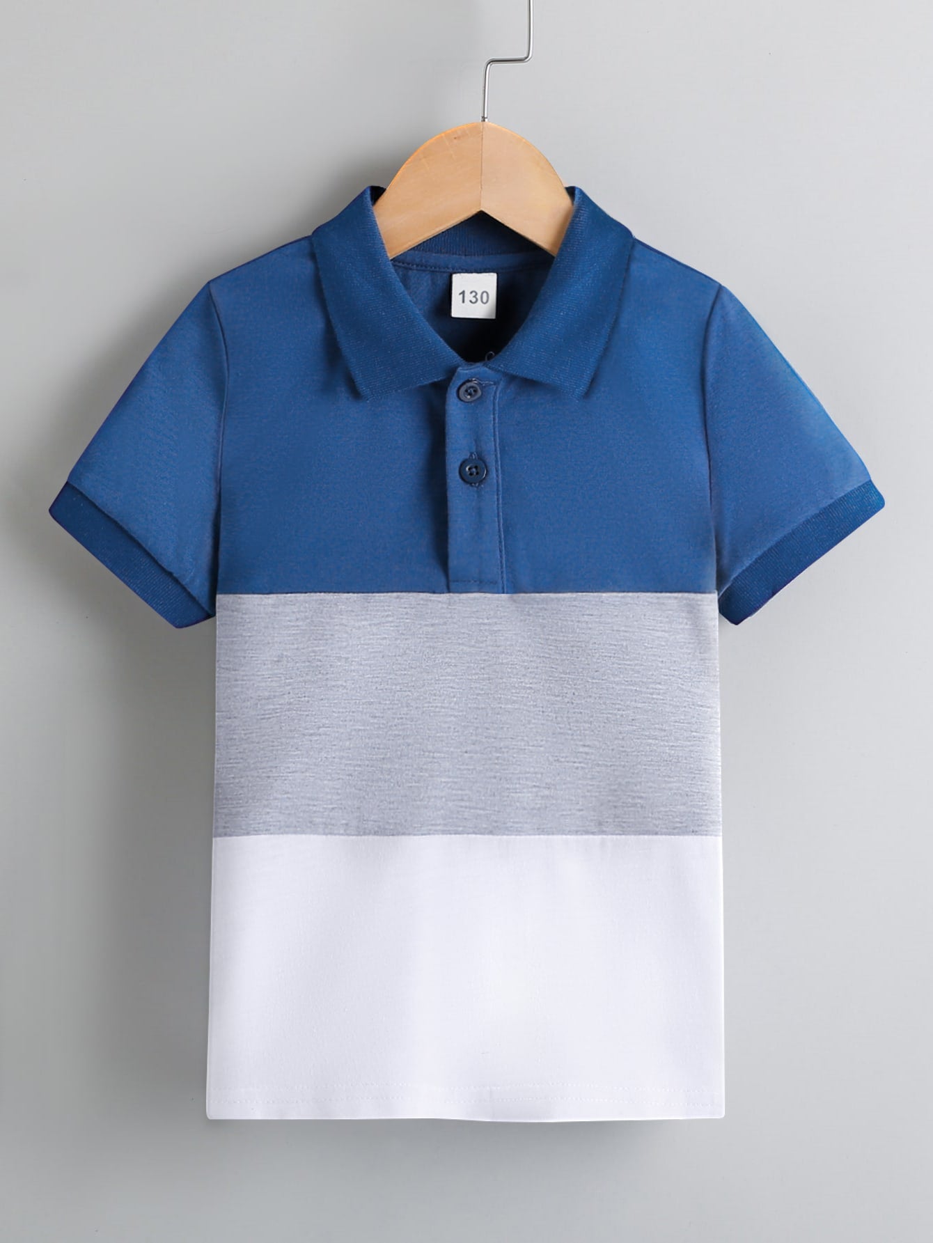 Tween Boy Colorblock Polo Shirt With Blue White Gray Collar, Fashionable Short Sleeve