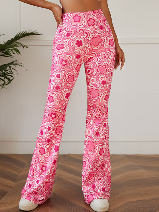 Floral Print Flare Leg Pink Flowers Pants