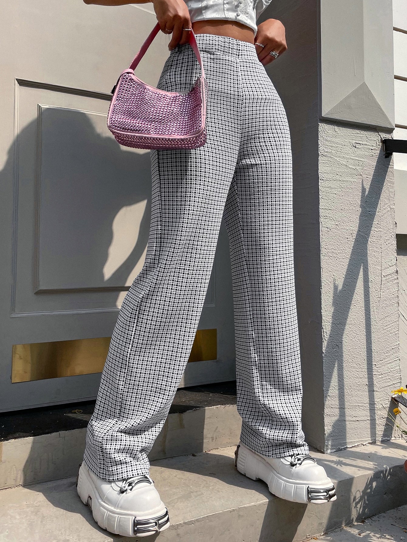 Summer Pink Plaid High Waist Pants