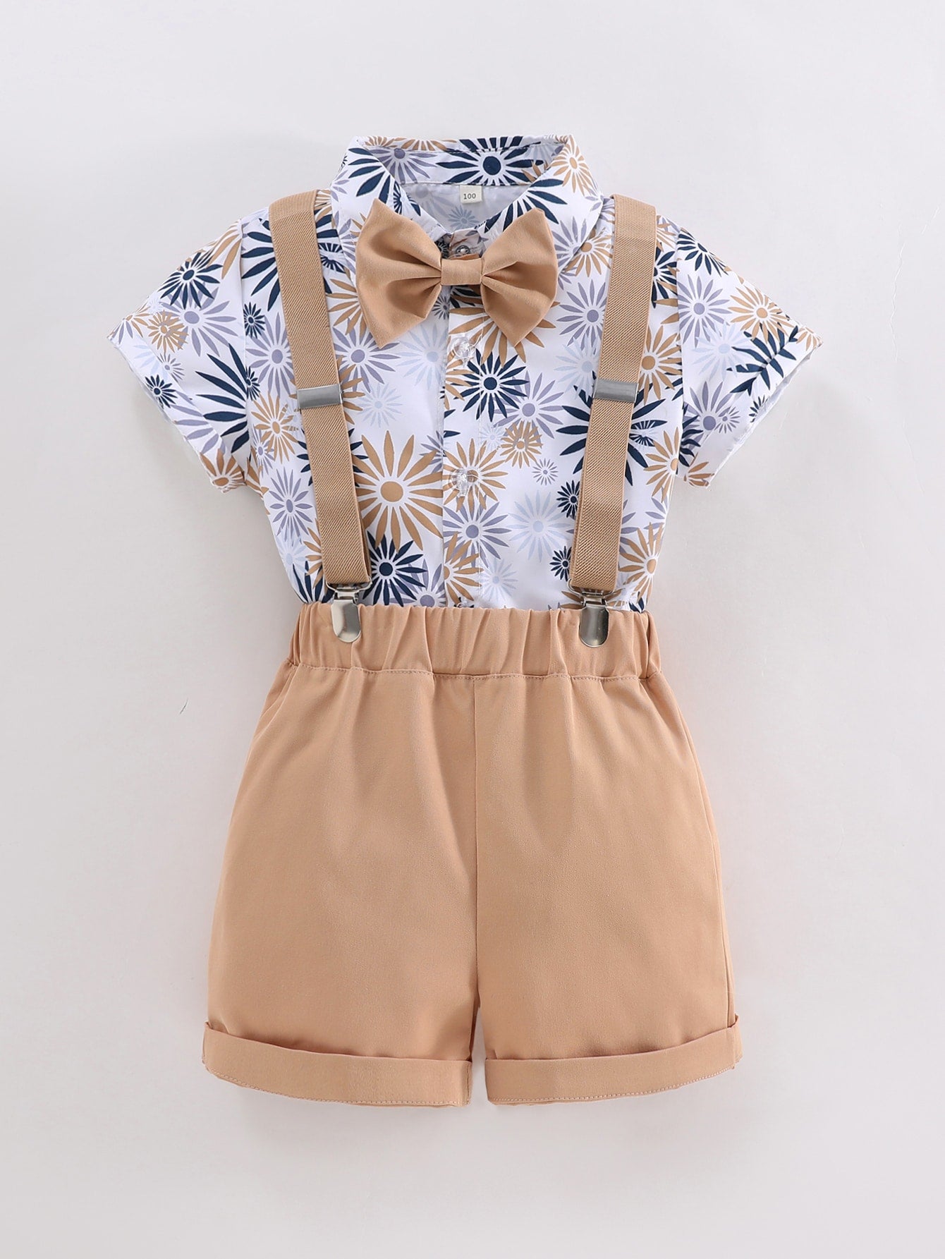 Young Boy Floral Print Bow Shirt & Pinafore Shorts