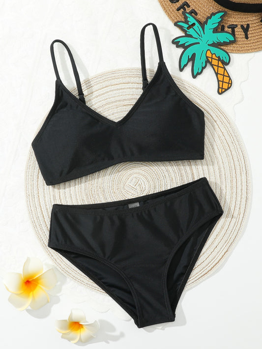 Tween Girl Black Solid Color V-Neck Spaghetti Strap Bikini Set Summer Beach