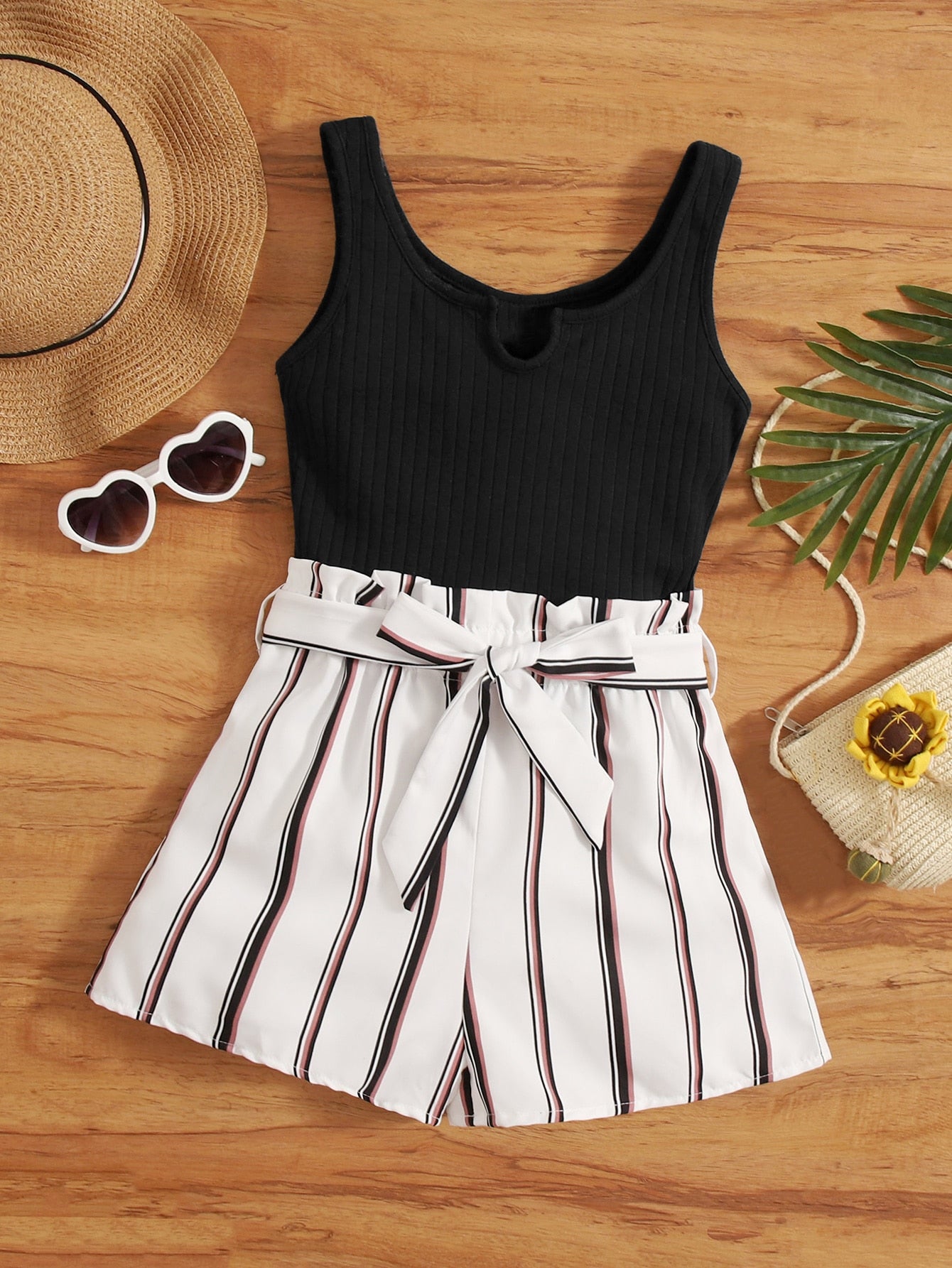 Tween Girl Striped Print Colorblock Paperbag Waist Belted Combo Romper